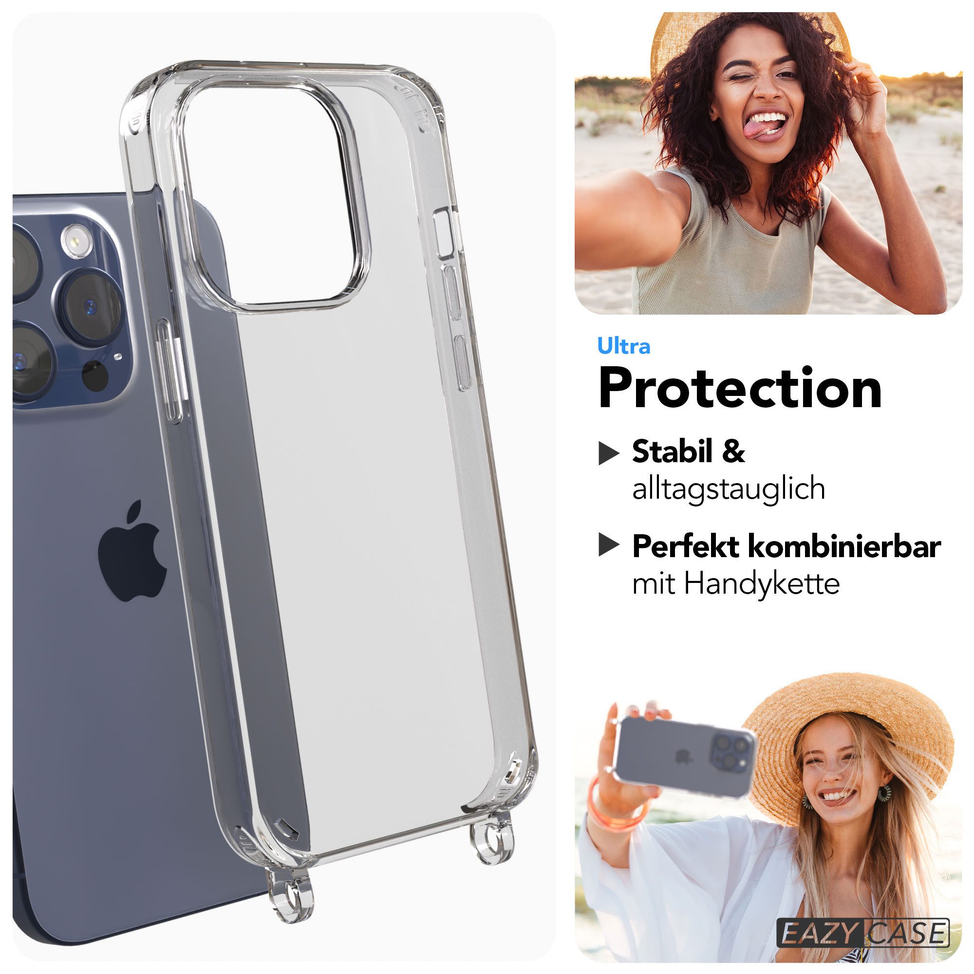 EAZY CASE Handykette Handyhülle für Handyketten mit Befestigungsösen für iPhone Modelle 6,1 Zoll, Hülle für Handykette, Transparent mit Ösen für Apple iPhone 15 Pro