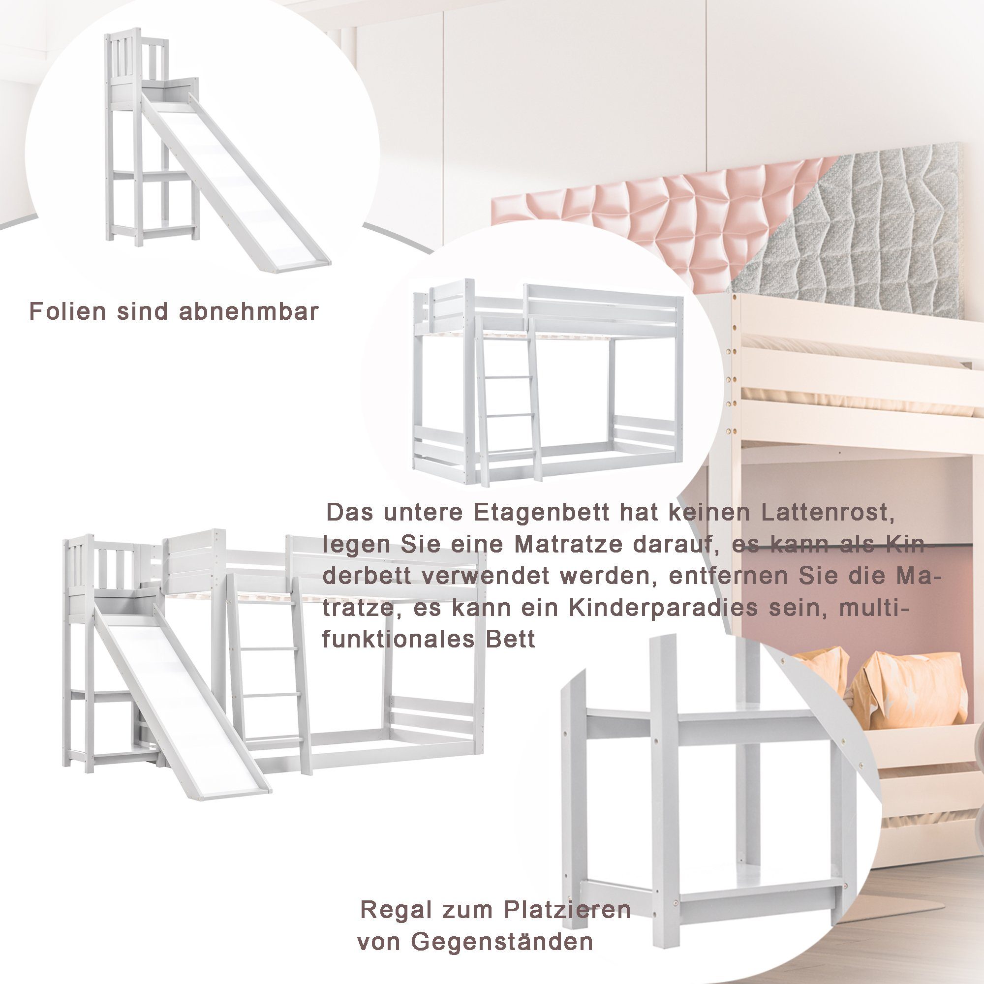 aus Matratze Rutsche weiß Leiter Etagenbett 90*200, OKWISH Kiefernholz Bettgestell, Ohne und Lattenrost, mit Rausfallschutz Regal), (mit Kinderbett und Bett