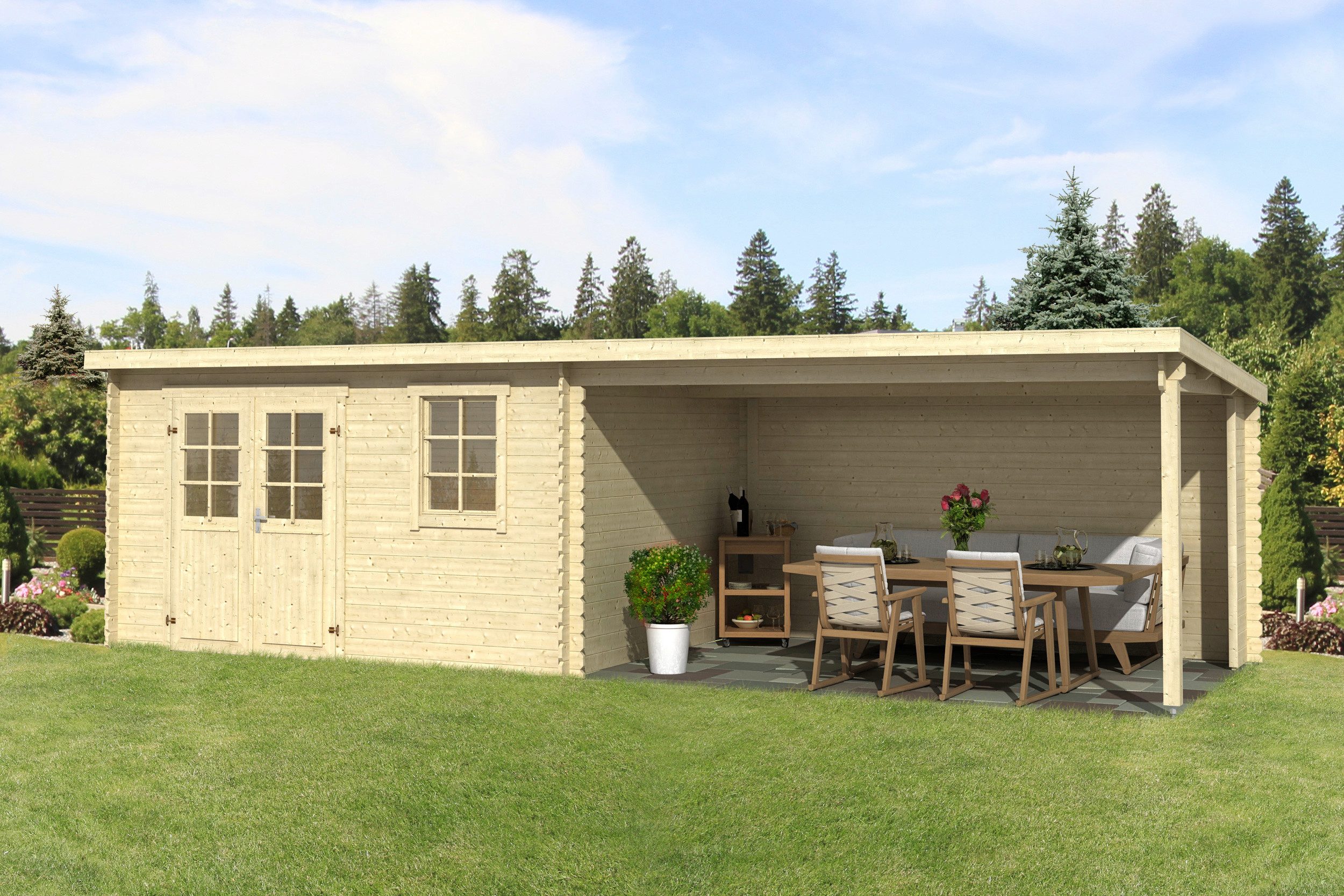 LASITA MAJA Gartenhaus Reno, BxT: 780x314 cm, (Set), Blockbohlenhaus 28mm, mit Anbau