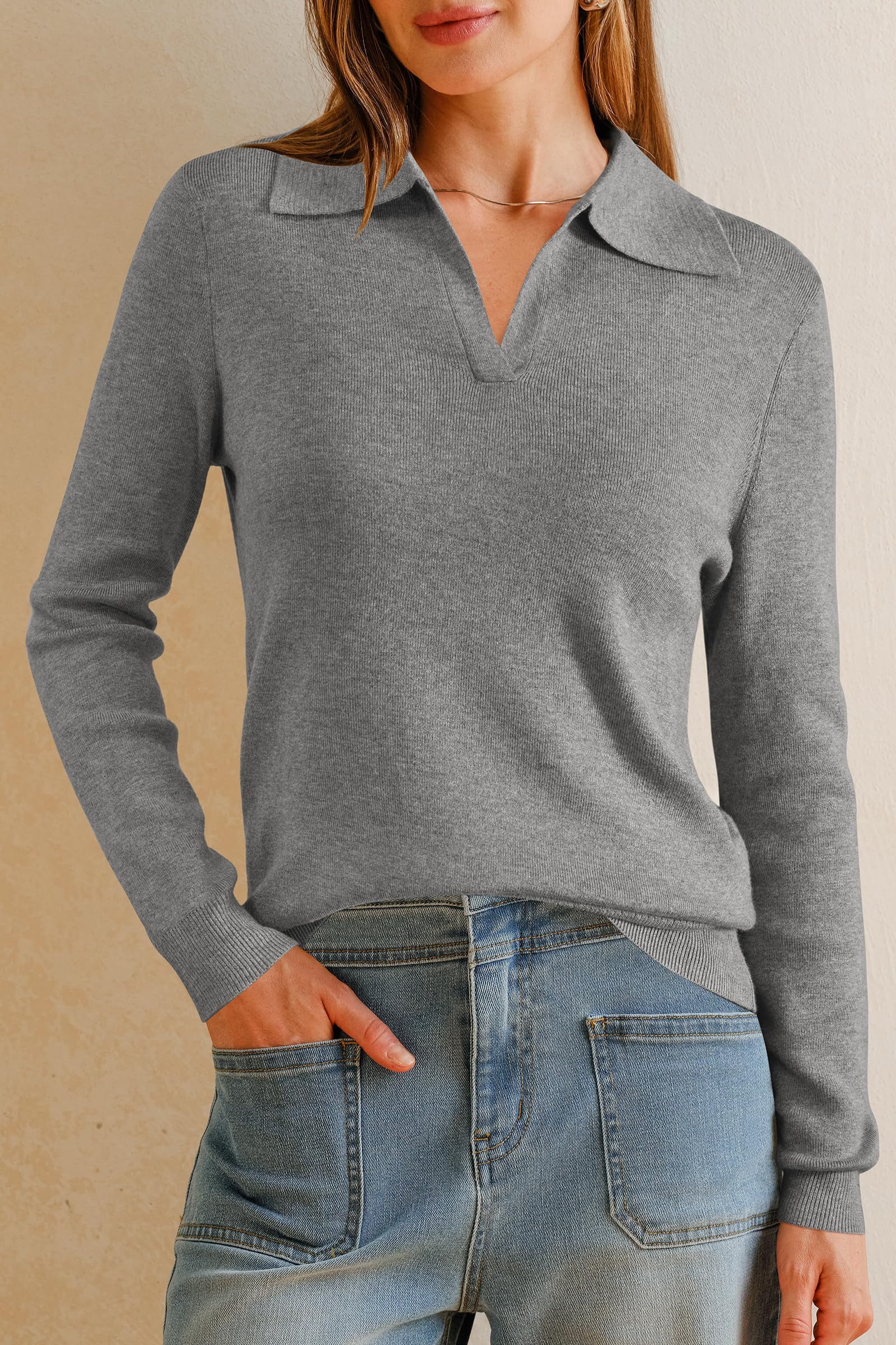 Arach&Cloz Poloshirt Damen Poloshirts Langarmshir Strickpullover Longpullover V-Shirt aus Wollmischung Herbstpullover Business CasualOutfits