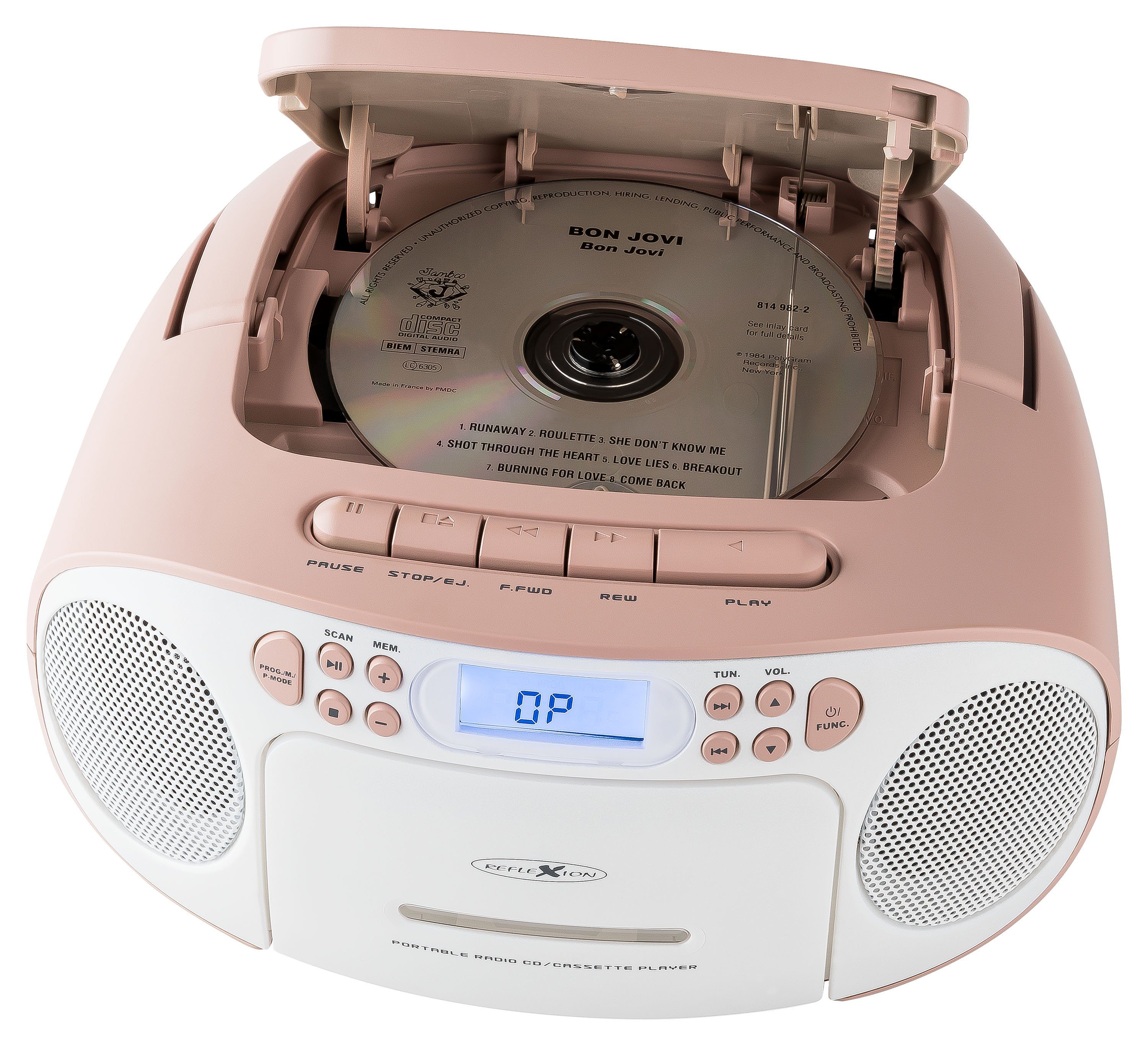 Reflexion RCR2260 Boombox (UKW PLL Stereo Radio, 20 W, Tragbare Boombox CD/Radio/Kassette, LCD-Display, AUX-Eingang, Kopfhörer-Anschluss) weiß/pink