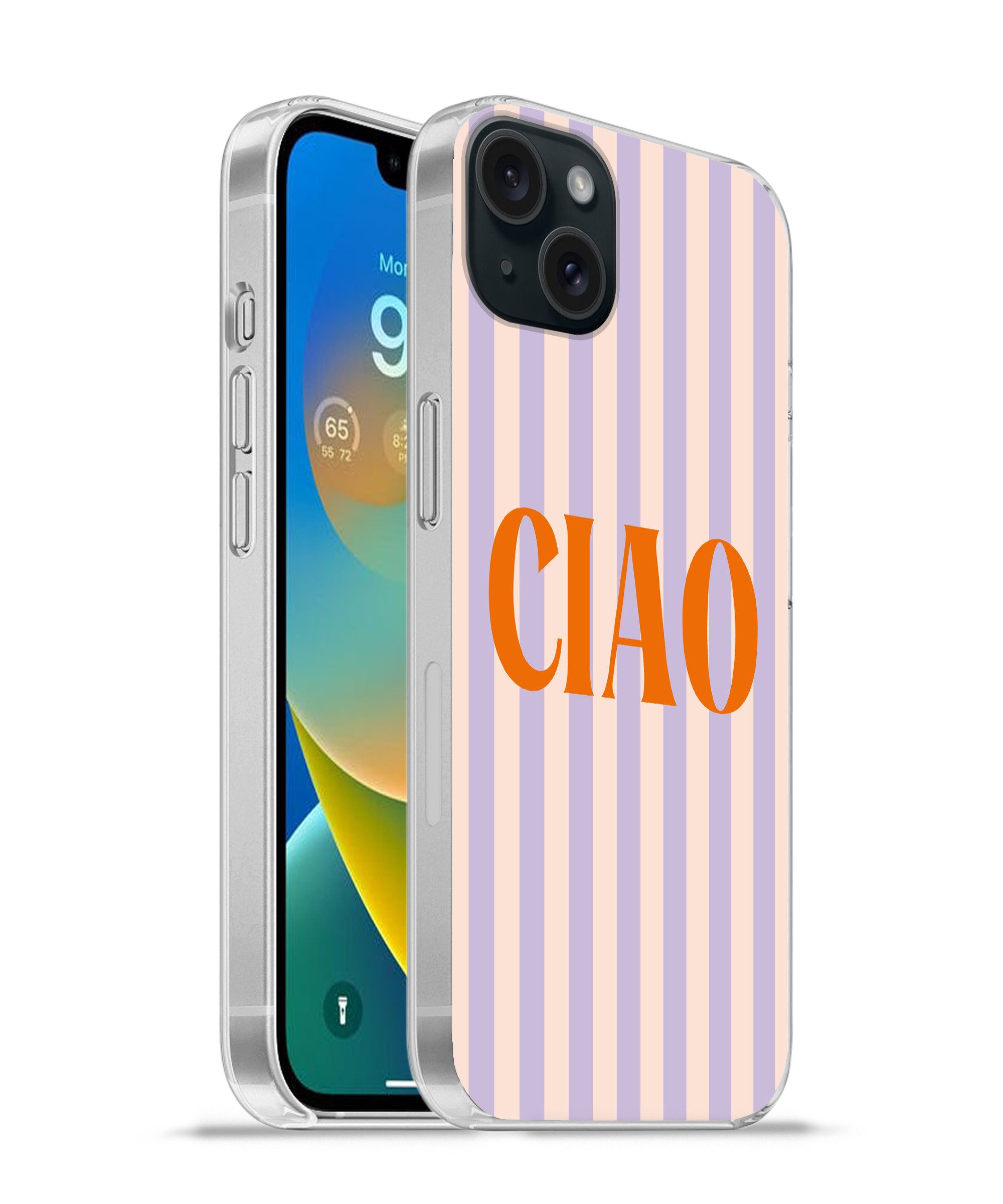 MuchoWow Handyhülle für Apple iPhone 15 Plus Ciao - Zitat - Pastell - Streifen, Smartphone-Bumper, Print, Handy Schutzhülle Dünn