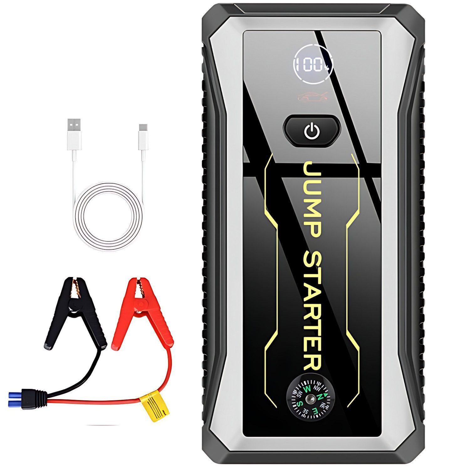 Forrlite Starthilfegerät, 28000 mAh Spitzenstrom Powerbank Autobatterie-Ladegerät (2800 mA, 800A Spitzstrom Tragbare Auto Starthilfe, 3-in-1-Powerbank Set, Fast Charge mit Kompass und LED-Taschenlampe)