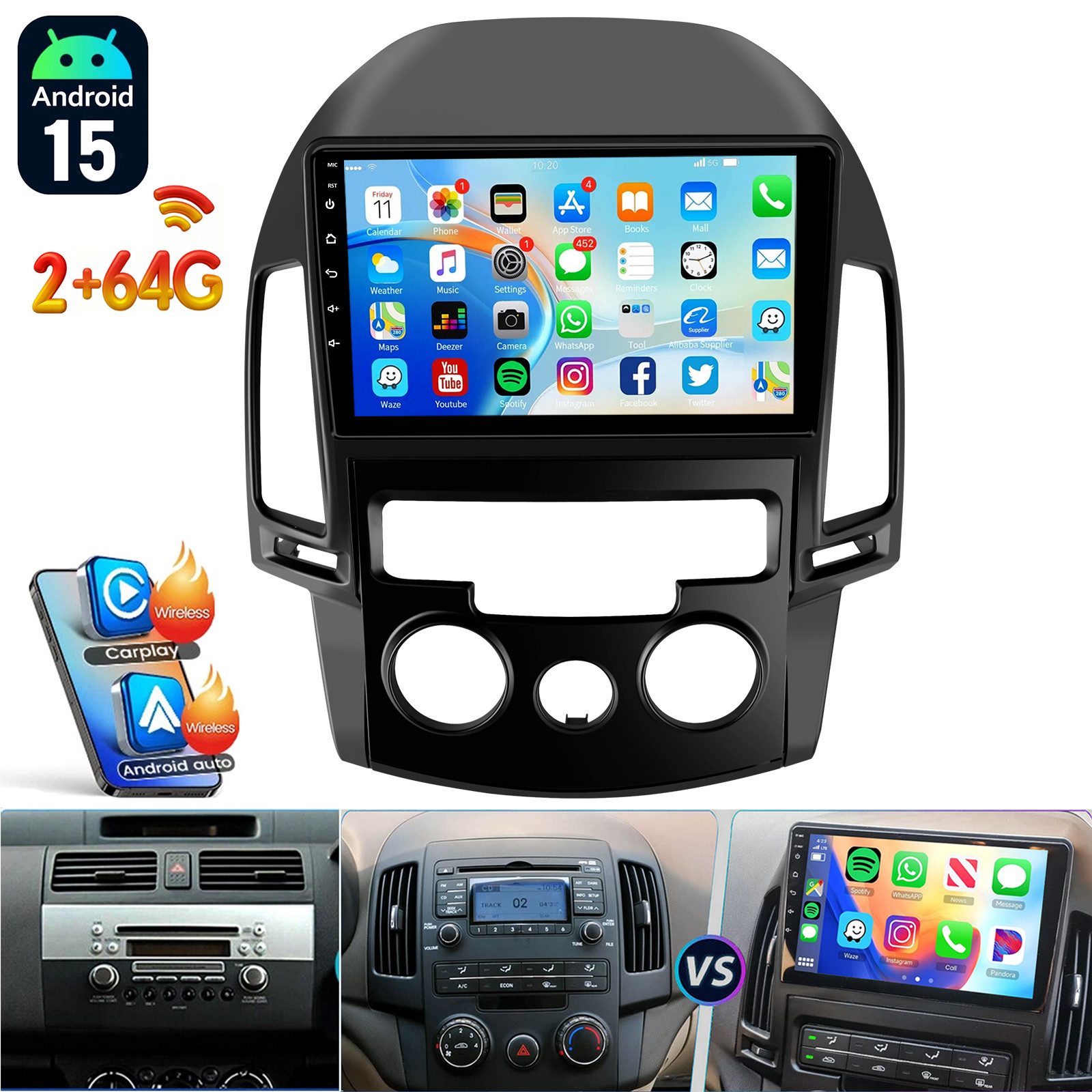 ESSGOO 9'' DAB+ Für Hyundai i30 MK1 FD 2006-11 Android 15 Carplay GPS Navi BT Autoradio (RDS, 2+64GB(optional), FM, AM, DAB+ (optional), Wireless Apple Carplay & Android Auto,2 DIN,WiFi)
