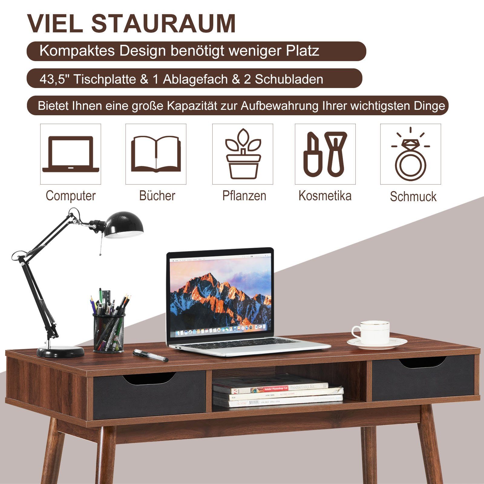 2 offenem mit Computertisch, Braun & COSTWAY Fach, 110x50x78,6cm Schubladen