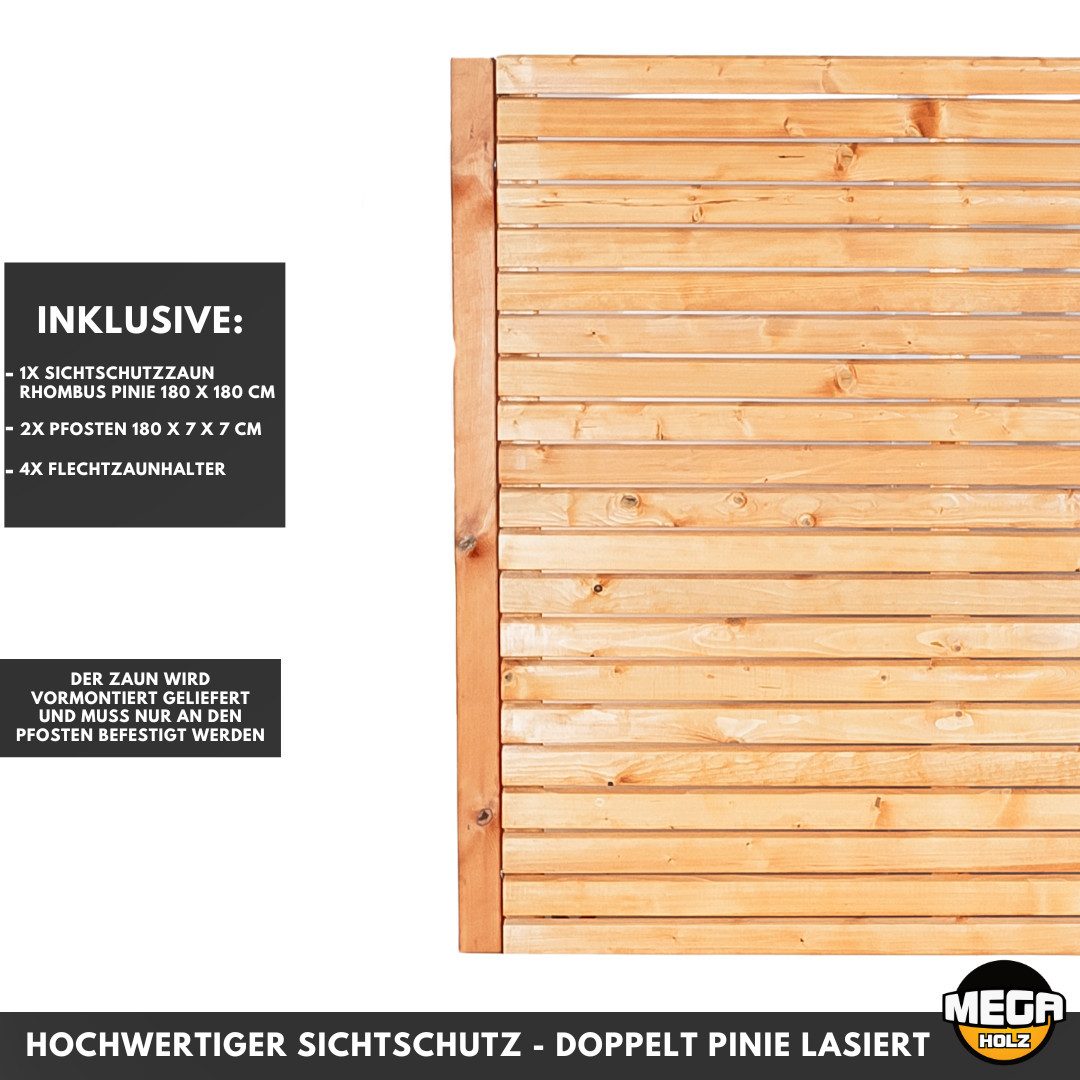 Mega-Holz Sichtschutzelement Sichtschutzzaun Rhombus Kiefer 1-7 Zaunfelder 180x180 cm, Komplett-Set, Set enthält 1 Zaunfeld, 2 Zaunpfosten & Material