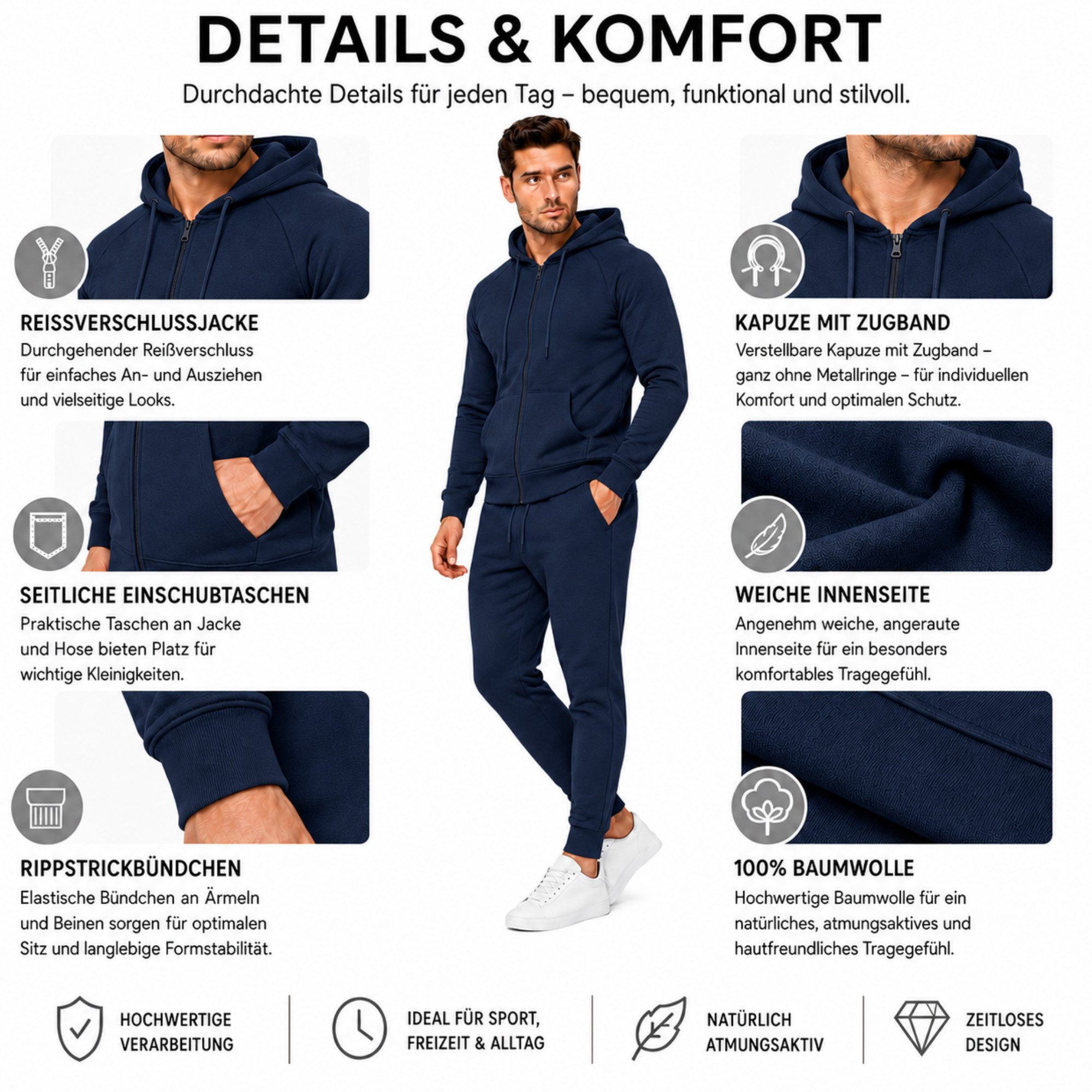 L.gonline Freizeitanzug Herren Jogginganzug einfarbig 100% BW 586 Navy XL (Kapuzenjacke mit Reißverschluss, Hose, 2-tlg), Fitness Freizeit Casual – Bild 5 von 5