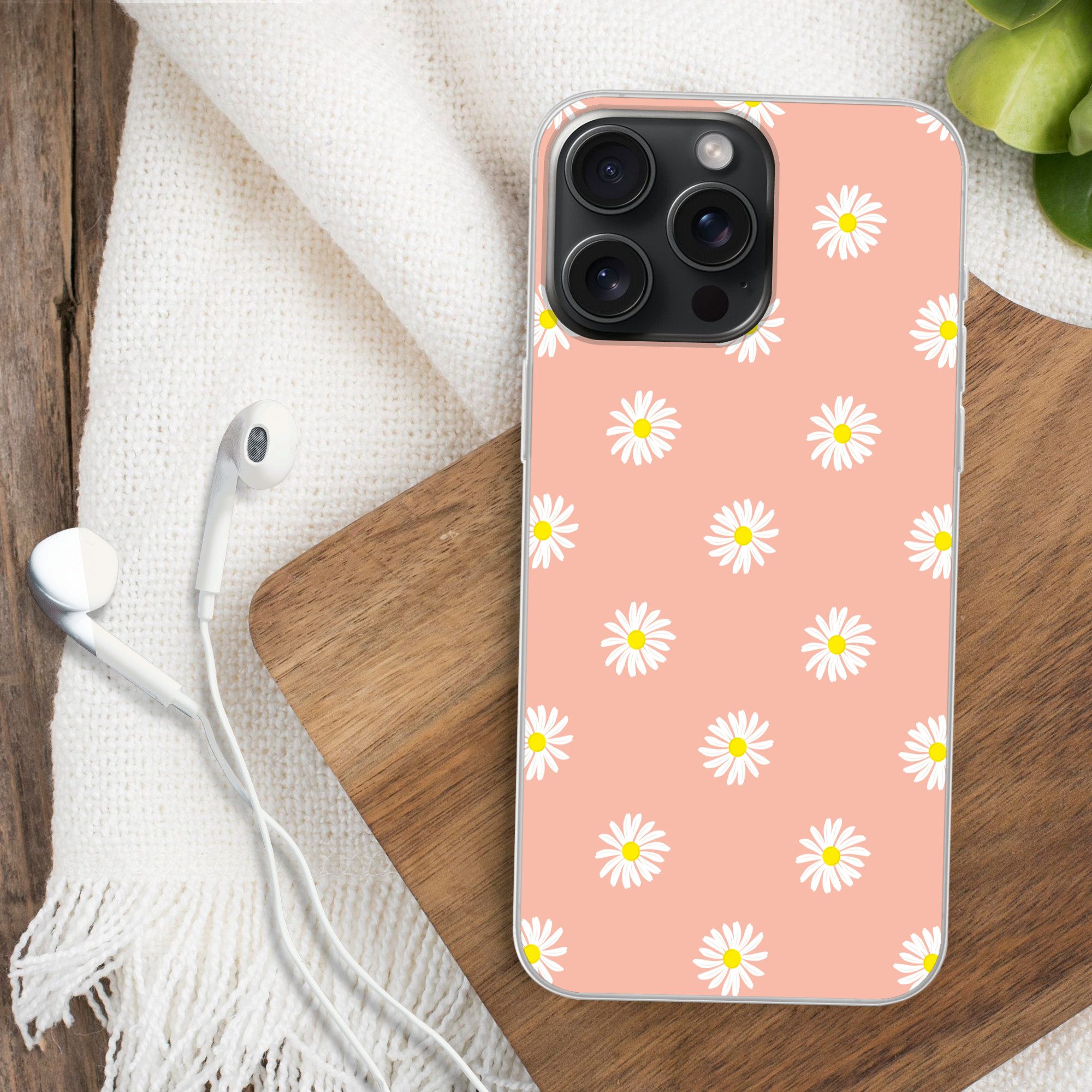 MuchoWow Handyhülle für Apple iPhone 15 Pro Max Gänseblümchen - Pastell - Weiß - Rosa - Bl, Smartphone-Bumper, Print, Handy Schutzhülle Dünn