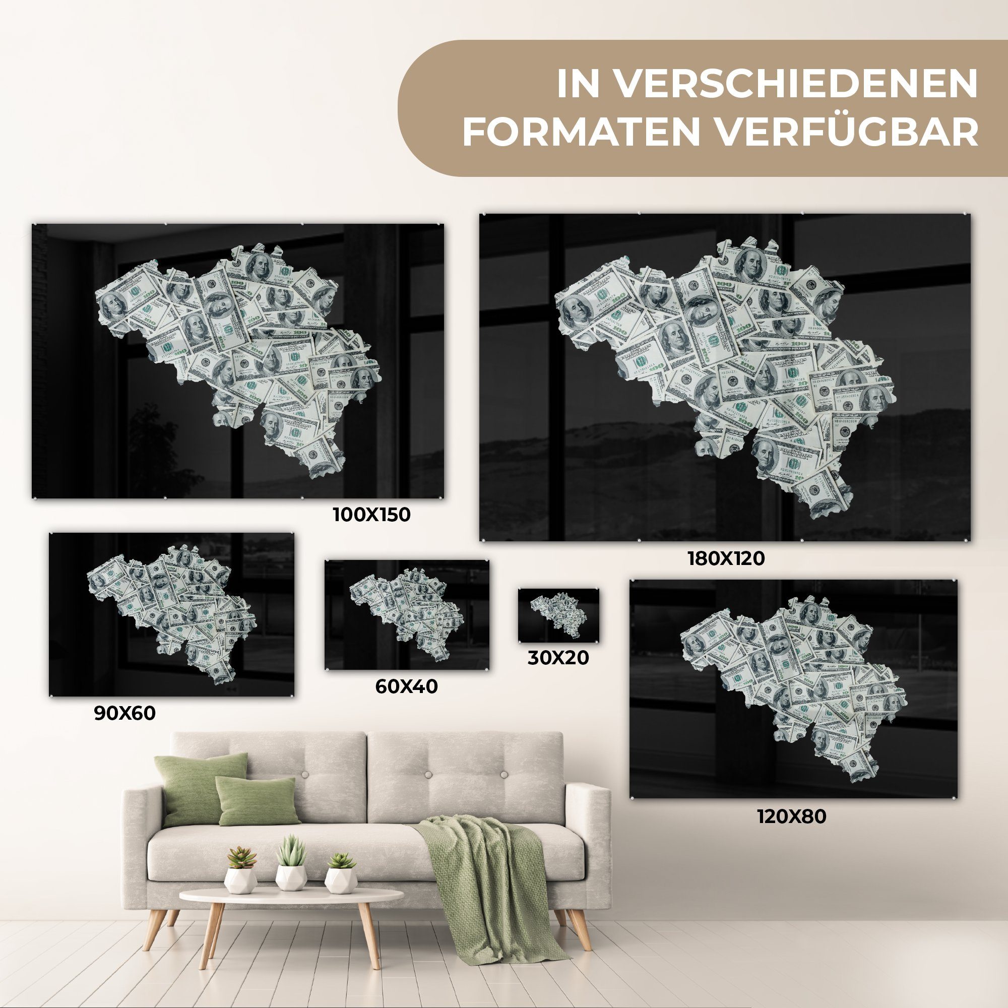 Acrylglasbilder Belgien MuchoWow Schlafzimmer & Geld, (1 Acrylglasbild - Wohnzimmer Karte - St),