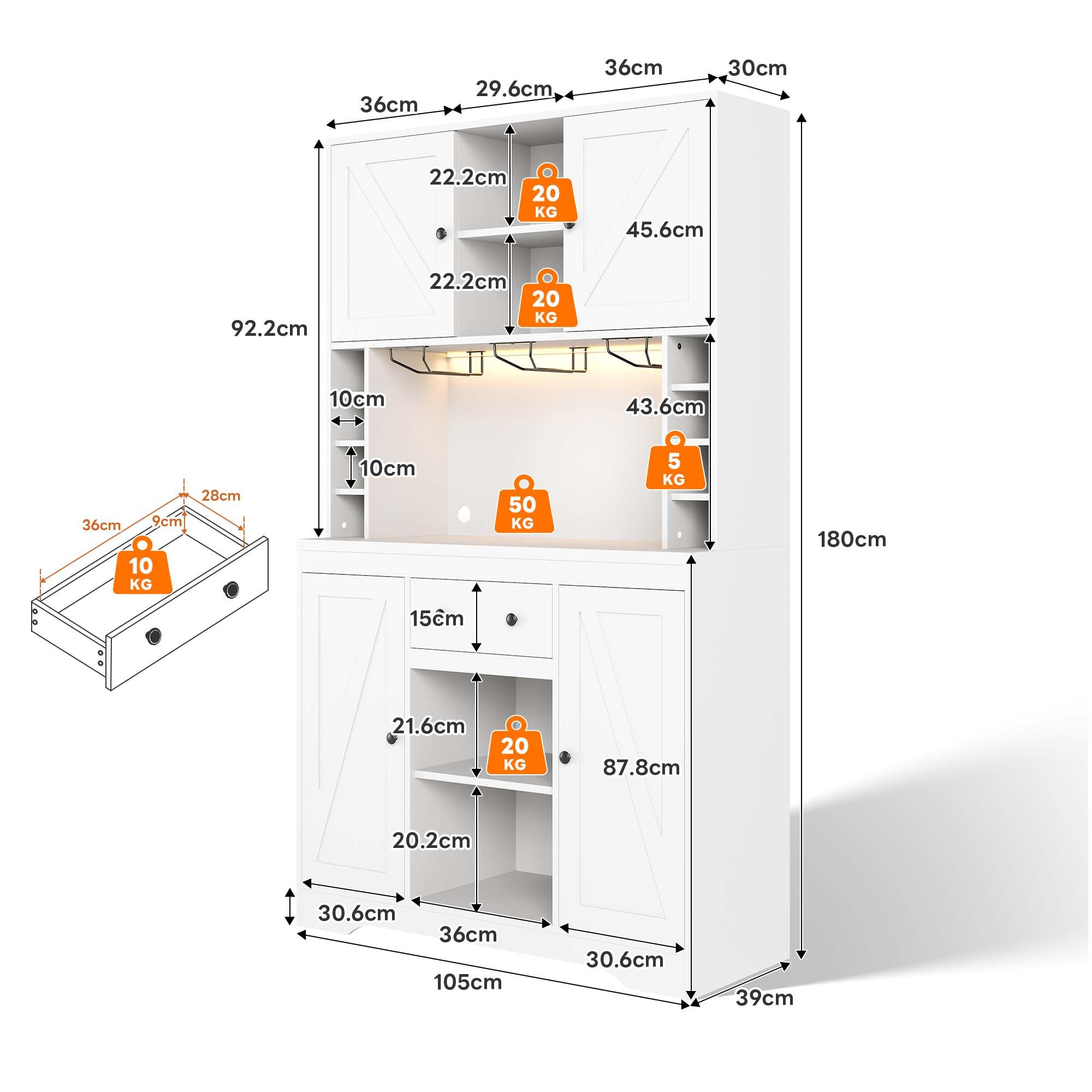 Celya Hochschrank Küchenschrank, Weinschrank mit LED-Beleuchtung (mit verstellbaren Einlegeböden, Schublade, Weinglashalt und Steckdosen) ideal für Küche, Esszimmer, Wohnzimmer oder Schlafzimmer.