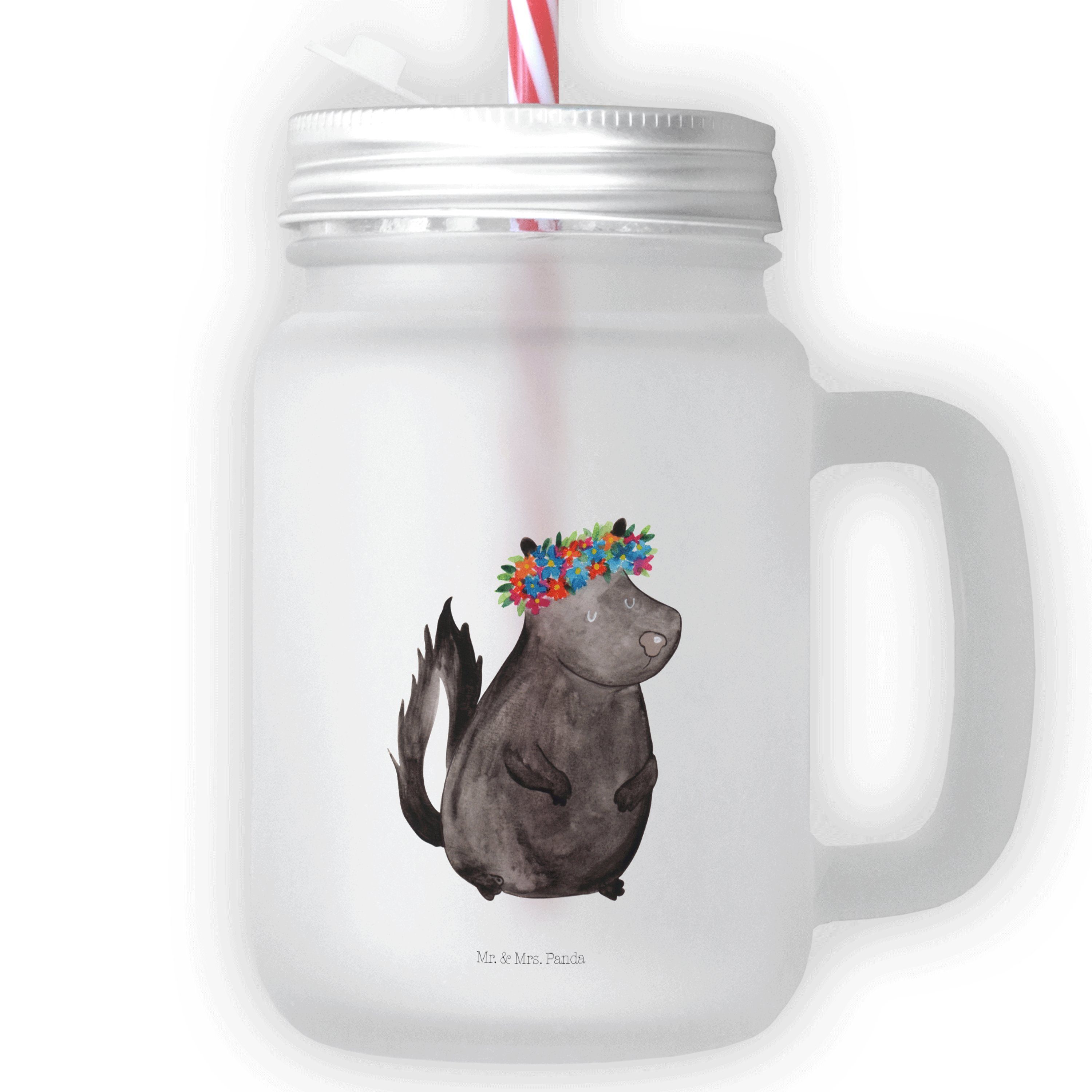 Mr. & Mrs. Panda Glas Stinktier Blumenmaedchen - Transparent - Geschenk, Mason Jar, Satinie, Premium Glas