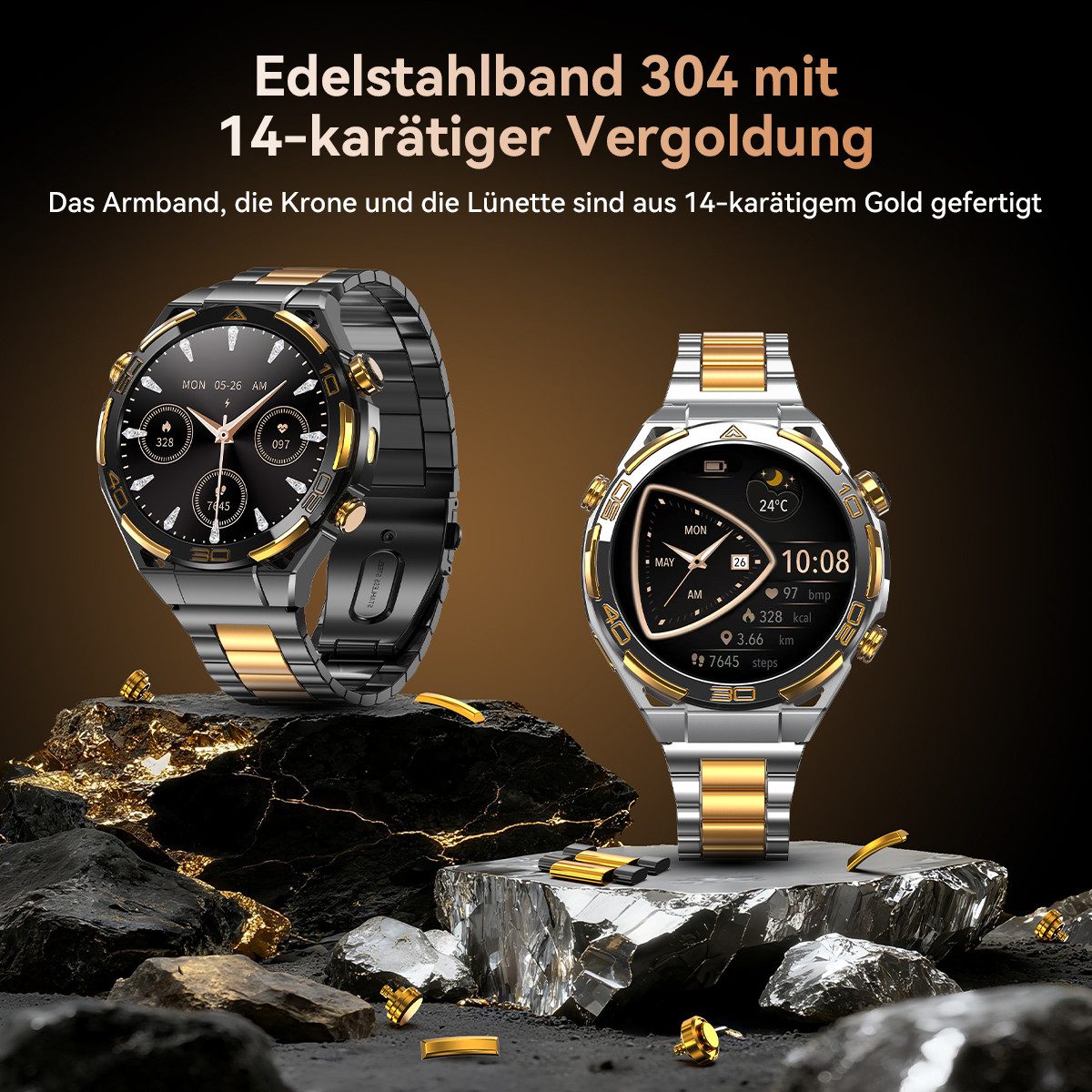 blackview W90 Pro 14K Gold, GPS, AMOLED, KI-Assistent, Business Herren Watch, 1.43", 900mAh, NFC, LED, Bluetooth, IP68