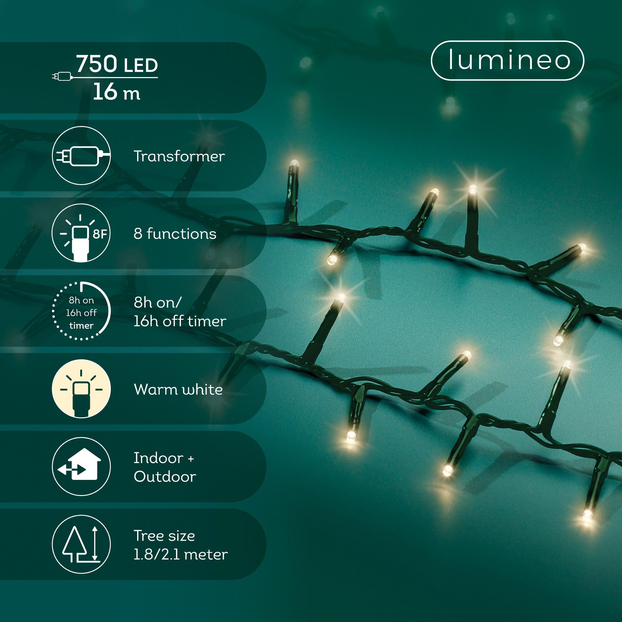 Lumineo LED-Lichterkette Lumineo Lichterkette COMPACT TWINKLE 750 LED 16 m warm weiß, grün, Indoor/Outdoor, 8 Funktionen, 8h-Timer, + 5 Meter
