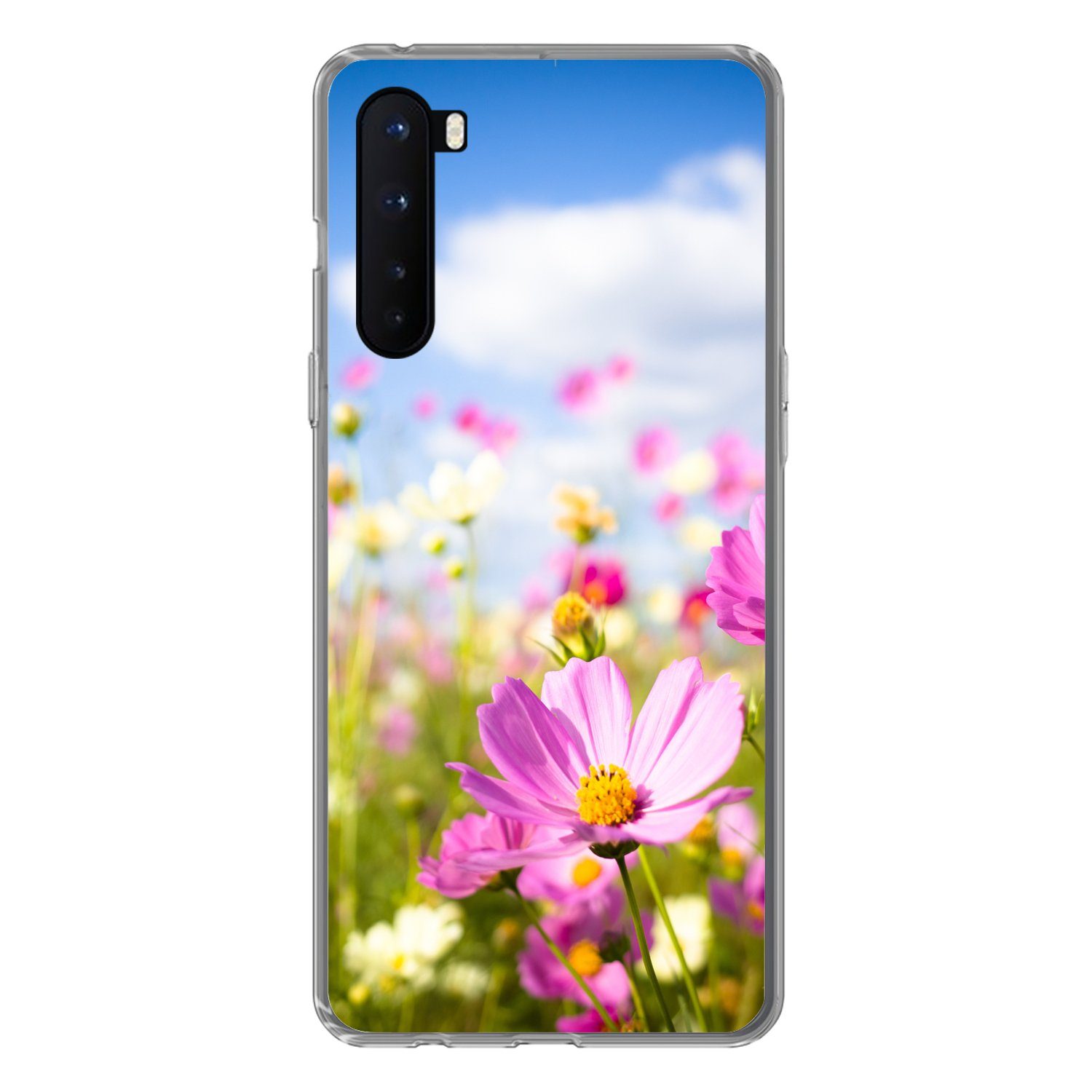 MuchoWow Handyhülle für OnePlus Nord Blumen - Wiese - Lila - Gras - Weiß - Wolken - Blau, Phone Case, Silikon, Schutzhülle Dünn