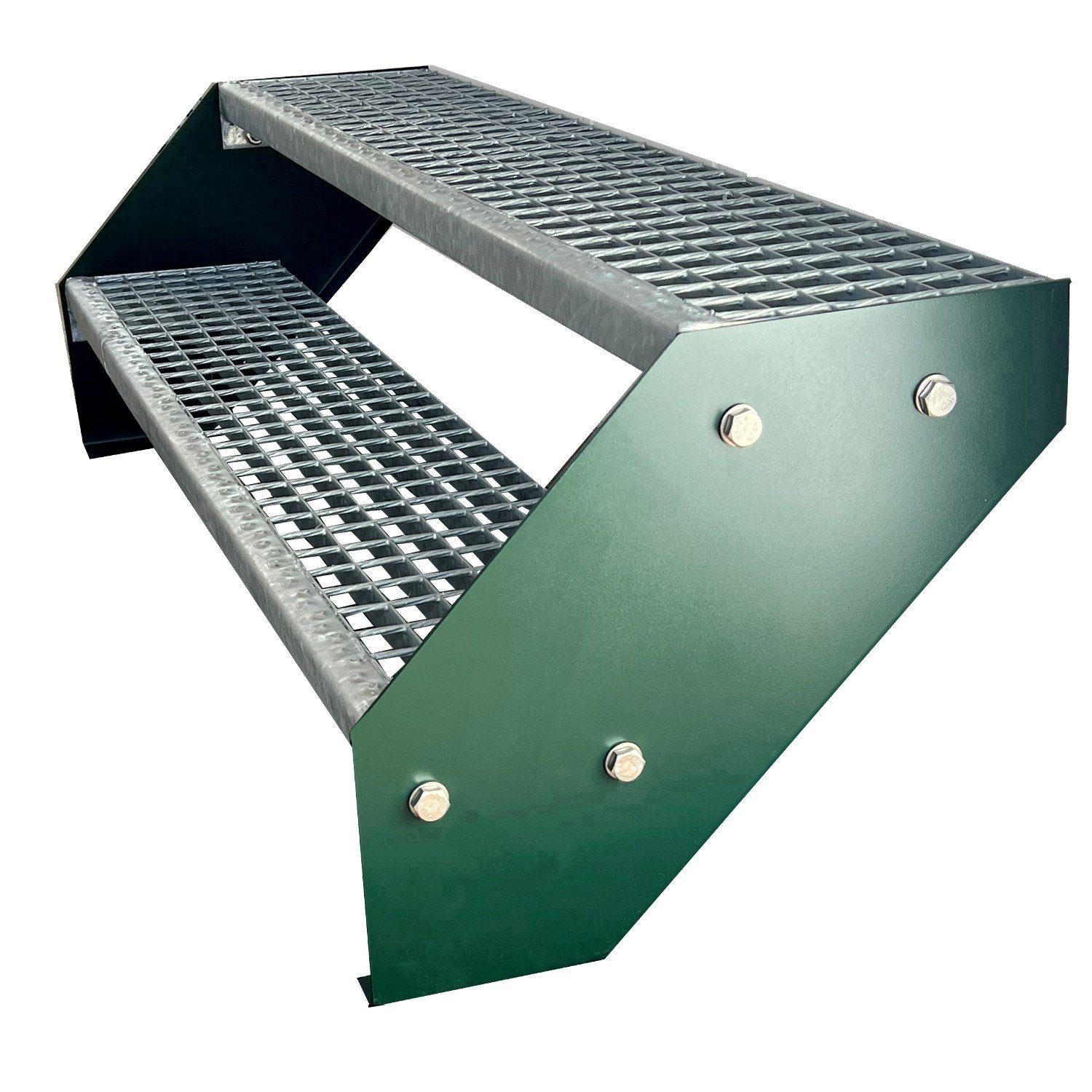 Kaminbau Mierzwa Außentreppe Premium Treppe Grün Höhe Verstellbar, für Geschosshöhen bis 38 cm, Stufen Gitterroststufen nach DIN 24531, (Höhe 38 cm, Breite wählbar aus 60, 80, 100, 120, 140 cm), Gartentreppe Stahltreppe Wetterfest Rostfrei Feuer-Verzinkt Rutschfest