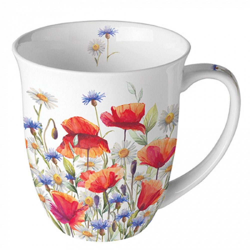 Ambiente Luxury Paper Products Becher Herzen, Mug, Rose, Sommer, Blumen, Pflanzen, Kollektion, 1-tlg., Porzellan Tasse, Sommer Blumen, Mohn und Kornblumen, Wiese, Motiv, Geburtstag, Hochzeit, Valentinstag, Muttertag, Geschenke