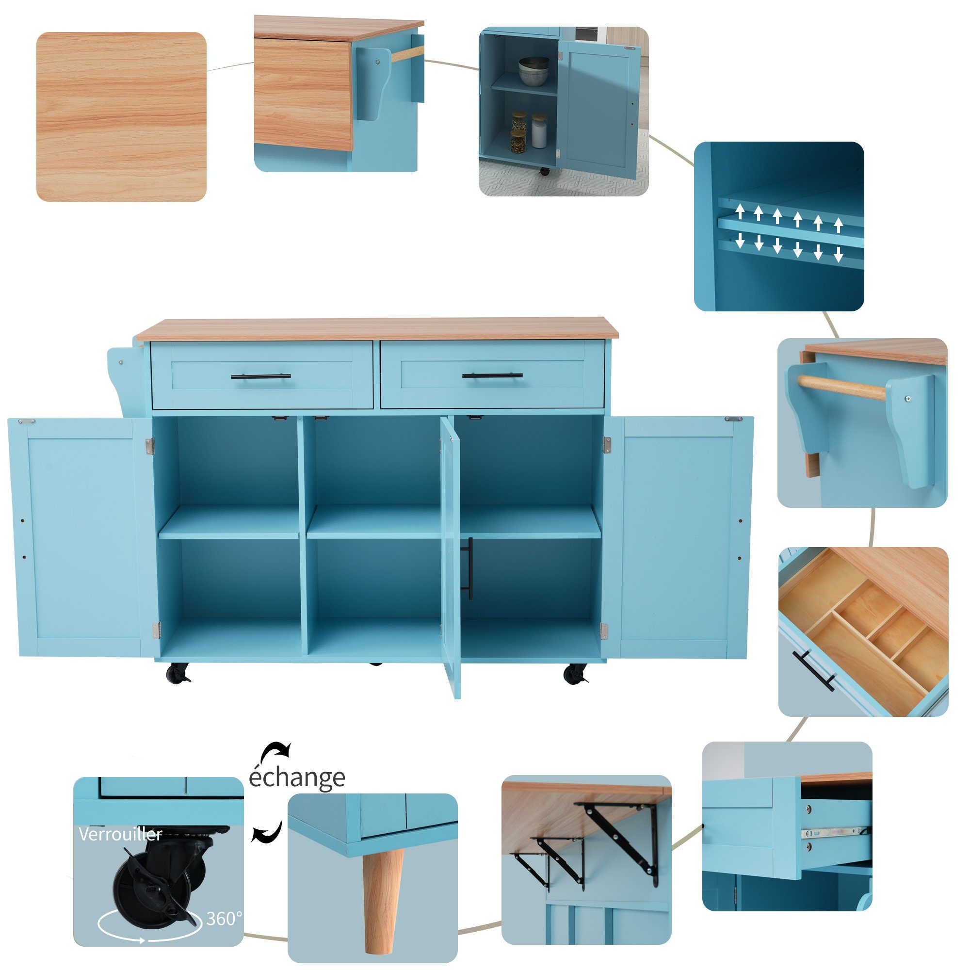 Küchenbuffet GLIESE Anrichte Blau Esstischwagen / mit Klapptischplatte