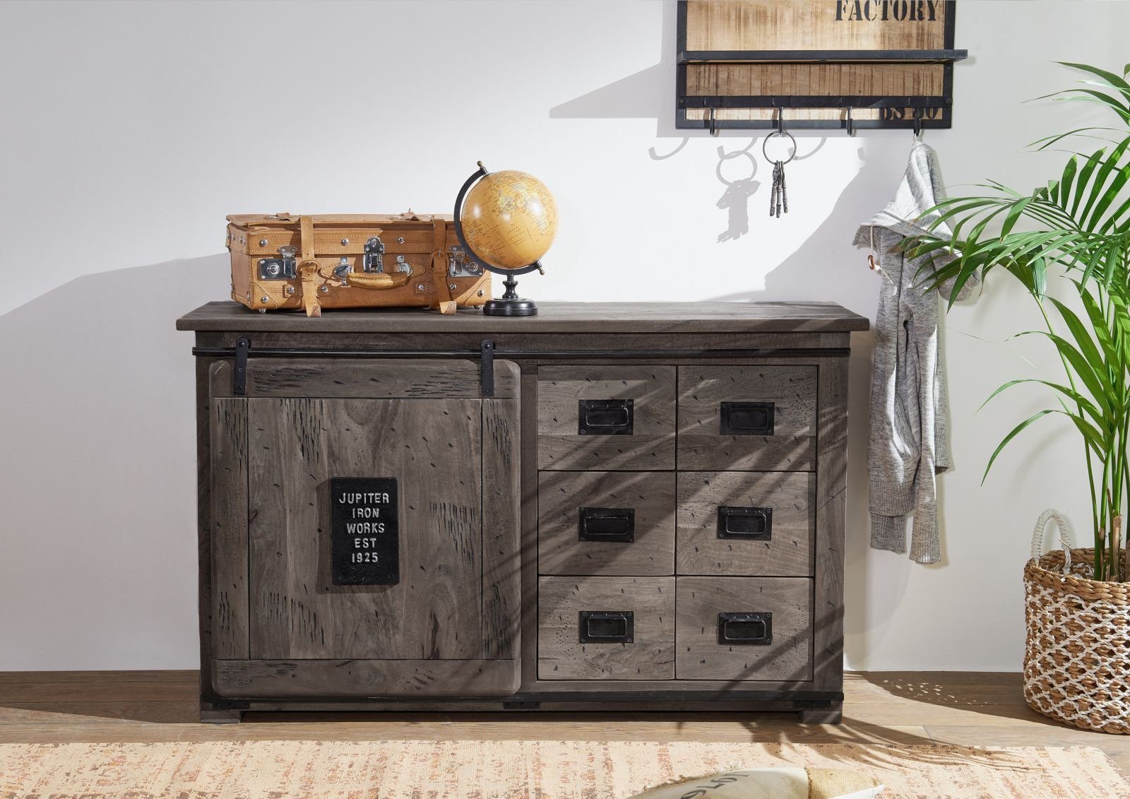 Massivmoebel24 Sideboard RAILWAY (Massivholz), Sideboard Mango 140x45x85 grau lackiert RAILWAY #221