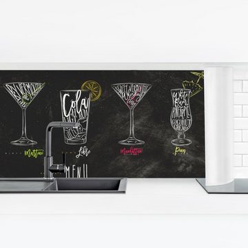 Bilderdepot24 Küchenrückwand schwarz-weiß dekor Sprüche Wandpaneel Küche Cocktail Menu, (1-tlg., Nischenrückwand - für Fliesenspiegel ohne Bohren - matt), Spritzschutz Rückwand Küche Herd - Folie selbstklebend versch. Größen