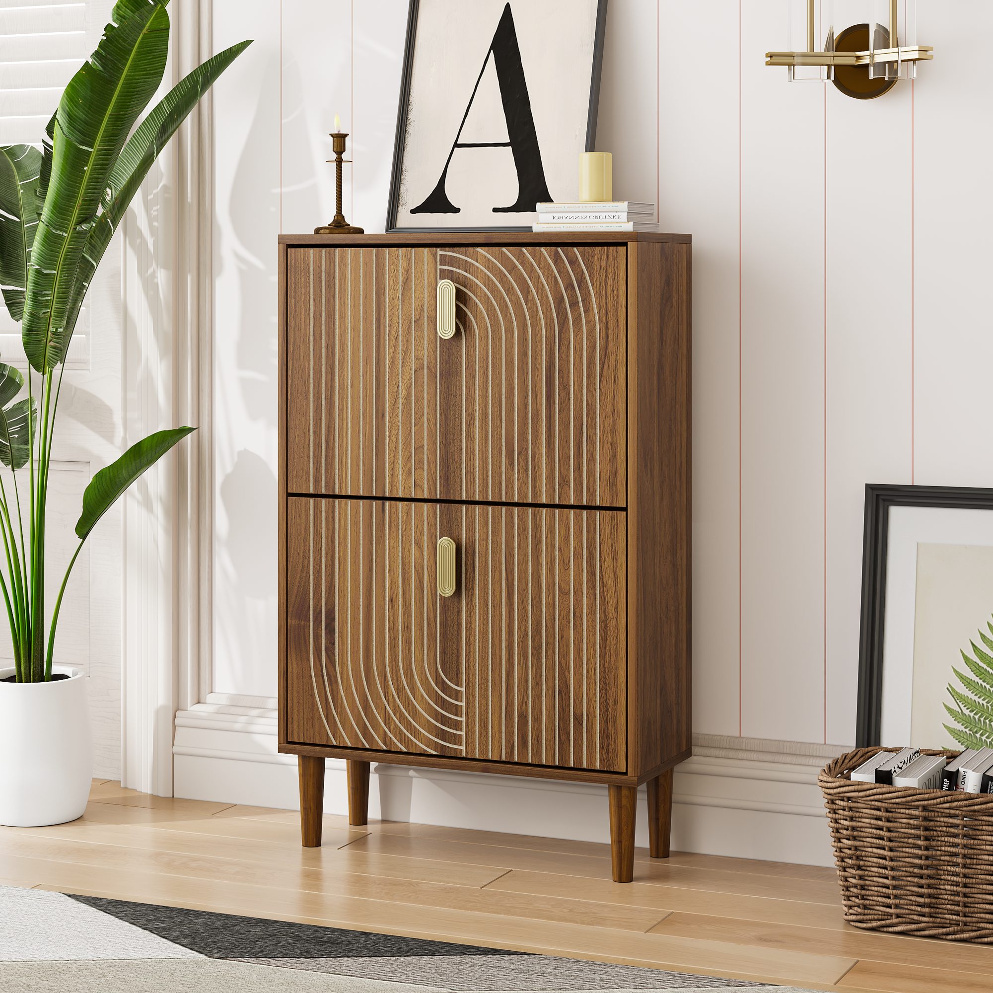 i@home Schuhschrank Dielenschrank 60 cm Rillenoptik (mit Klapptüren, 2 aufklappbare Schubladen, freistehender, 1-St., Schuhaufbewahrungsschrank) Schuhturm für Flur & Eingangsbereich