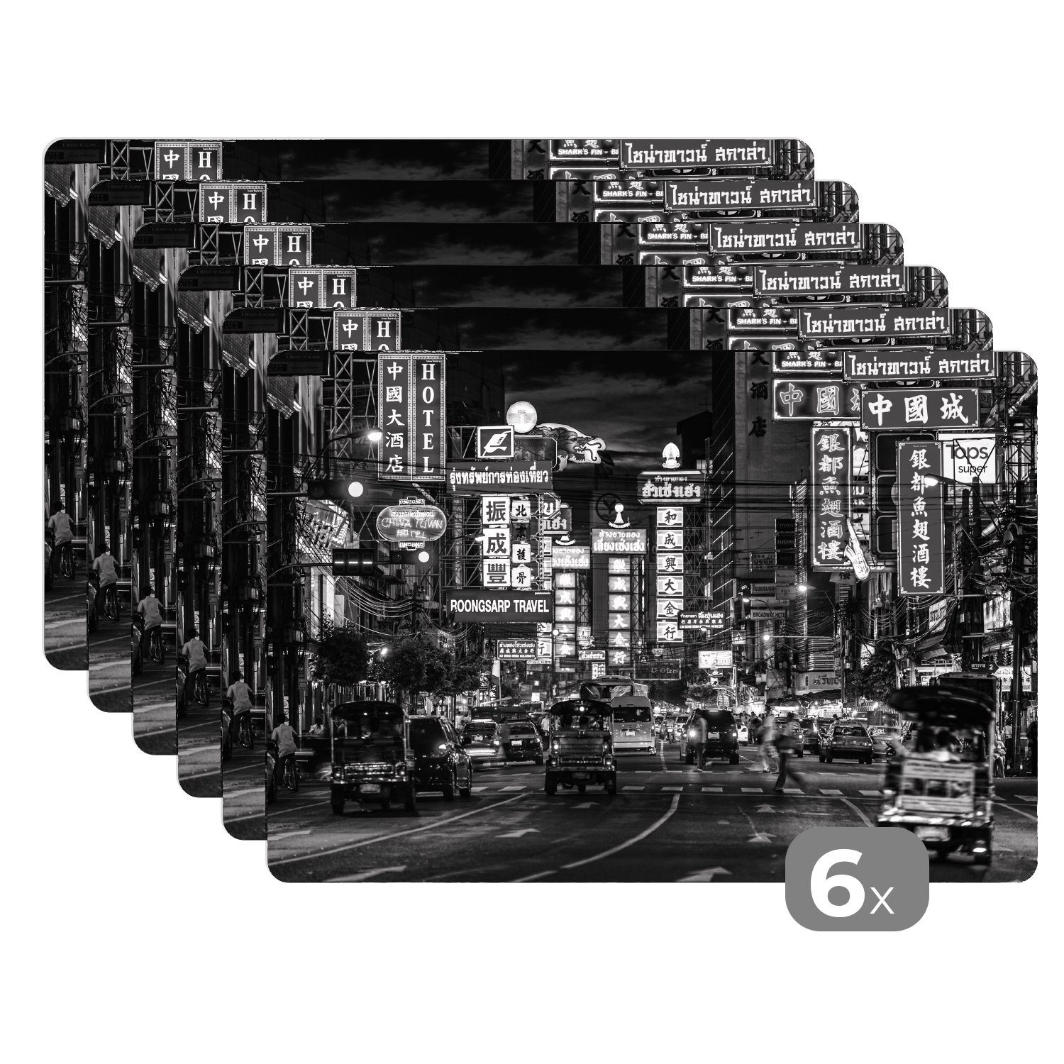 Platzset, Bangkok - Auto - Werbeschild - Schwarz - Weiß, MuchoWow, (6-St), Platzset, Platzdecken, Platzmatte, Tischmatten, Schmutzabweisend