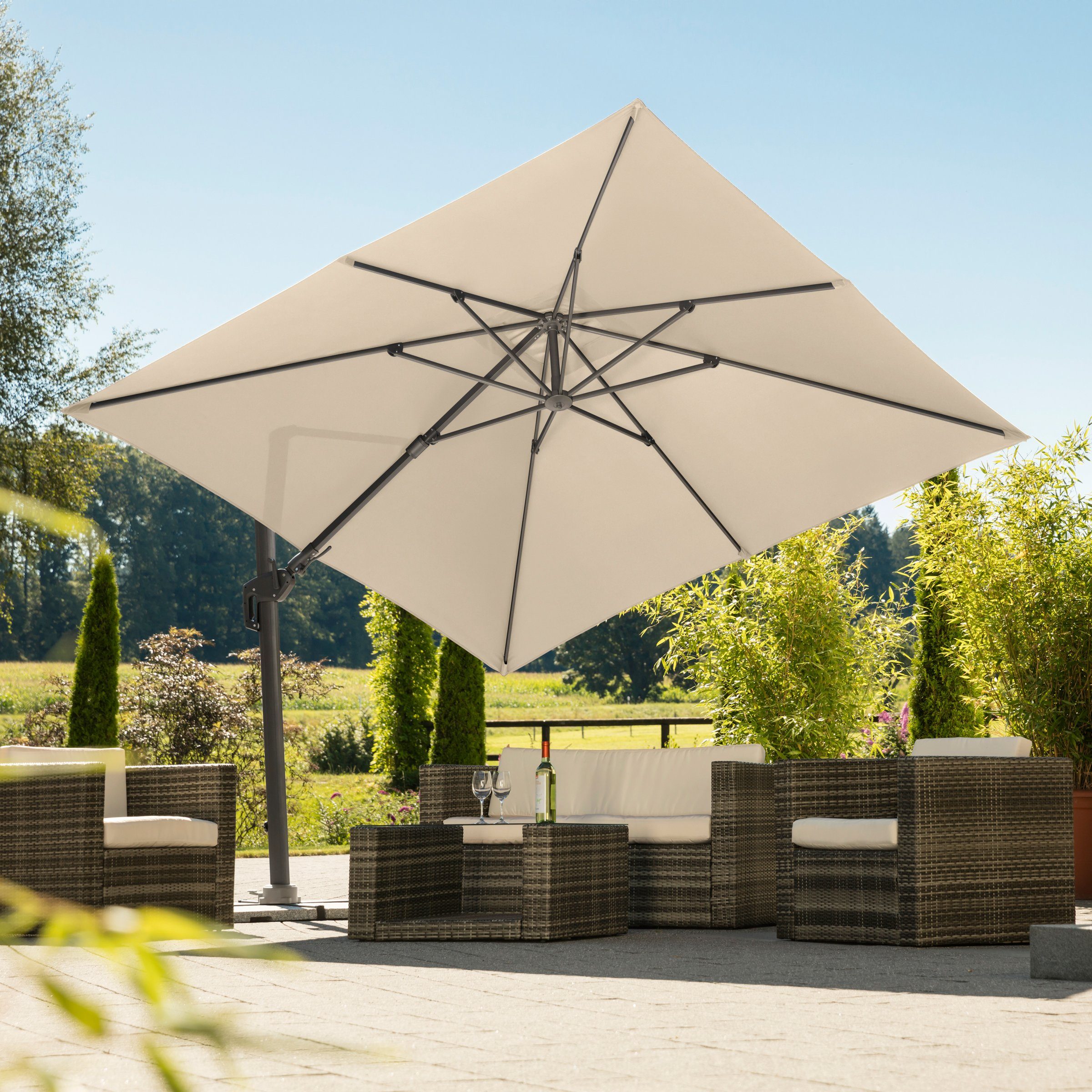 Schneider Schirme Ampelschirm Rhodos Twist, LxB: 300x300 cm, Inkl. Plattenständer (o. Platten) & Schutzhülle, natur, quadratisch, ohne Wegeplatten