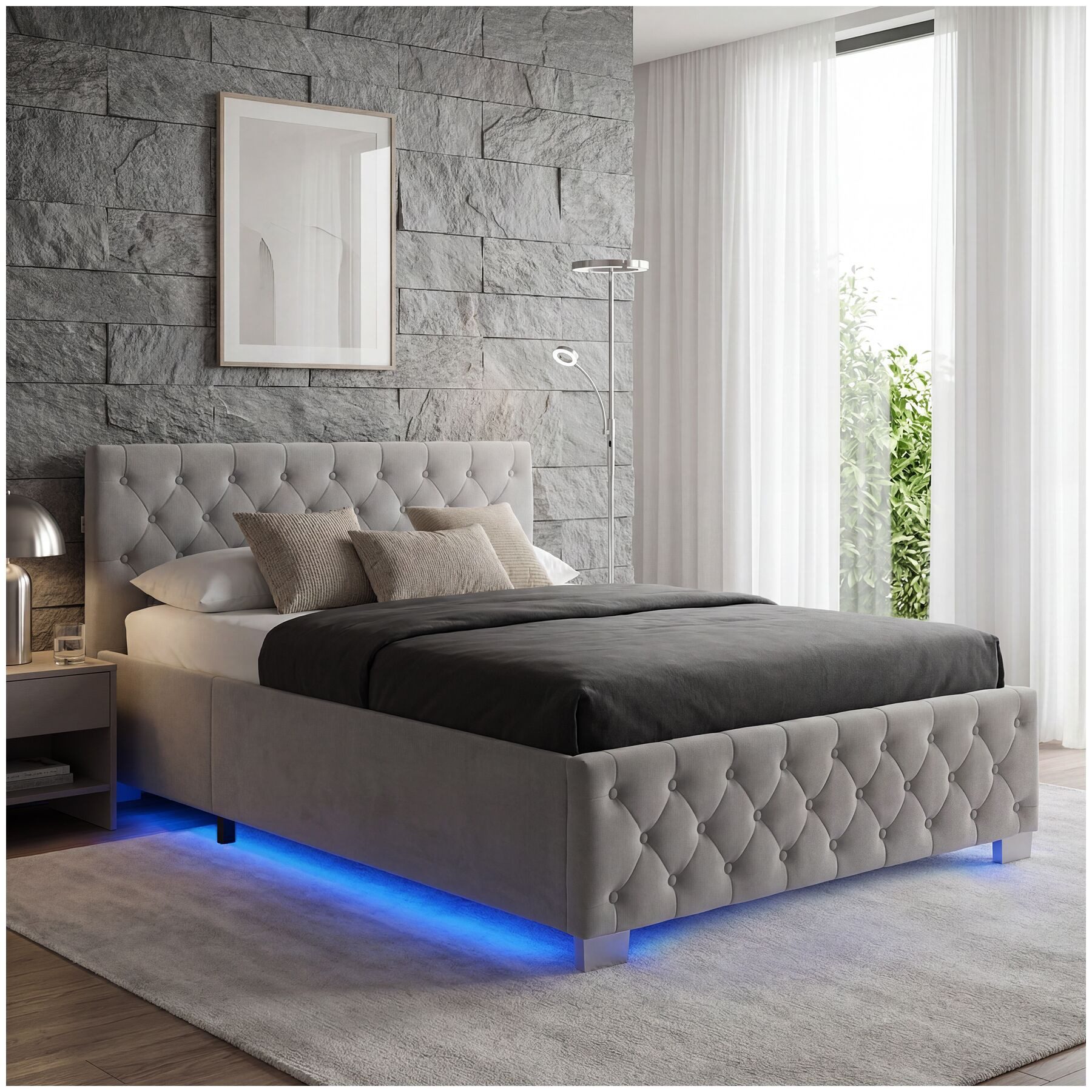 tectake Polsterbett Komfortbett mit LED-Leisten & Stauraum - Samtoptik mit Steppmuster (Bettset, in Dunkelgrau), stabiler Stahlrahmen, Belastbarkeit 250 kg