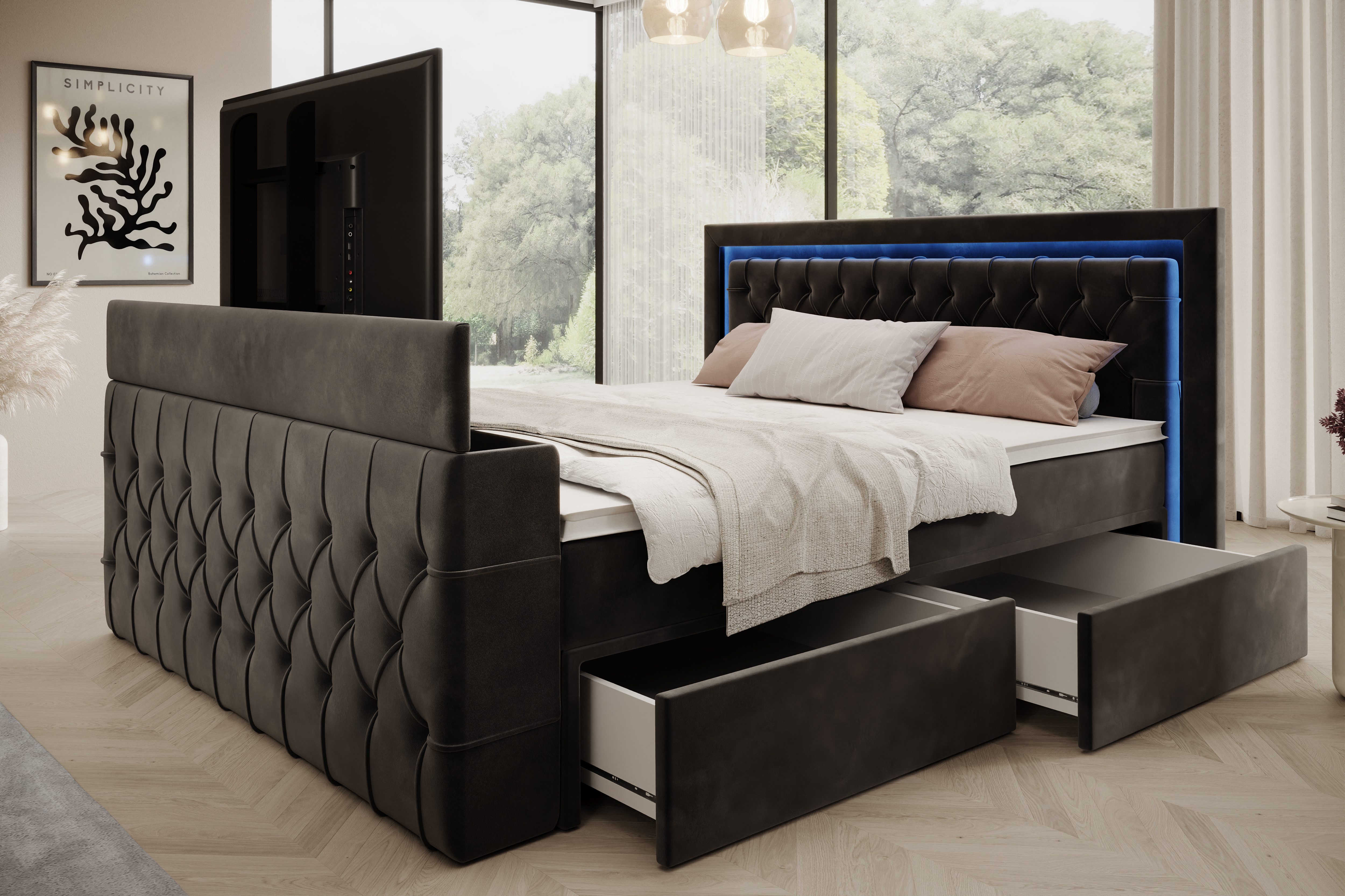 PROMETO Möbel Boxspringbett Doppelbett 180x200 mit Matratze, Schubladen TV-Lift LED Beleuchtung, inkl. 7-Zonen-Taschenfederkernmatratze, TV-Lift im Fußteil, Top – Bild 4 von 5