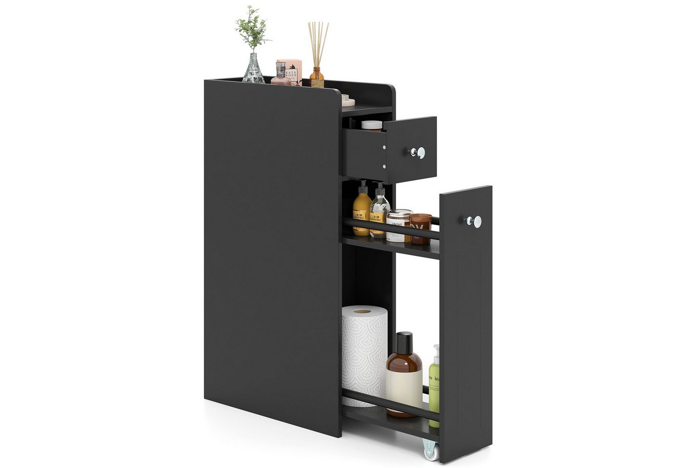 KOMFOTTEU Badkommode Nischenschrank Nischenregal Badezimmerschrank, mit Schublade & Rollen