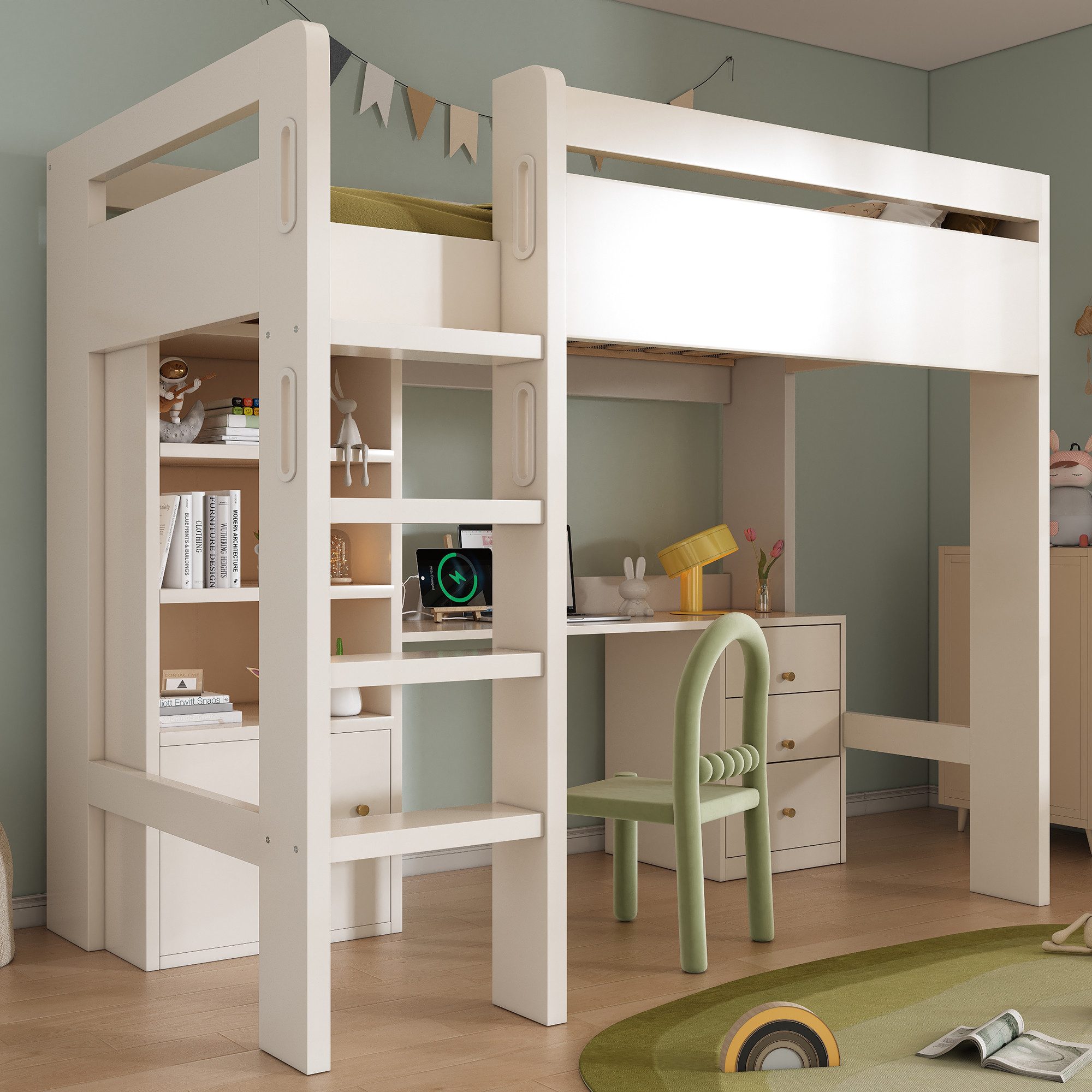 Ulife Hochbett Kinderbtt mit USB-C Schreibtisch, Kleiderschrank und Aktensc günstig online kaufen