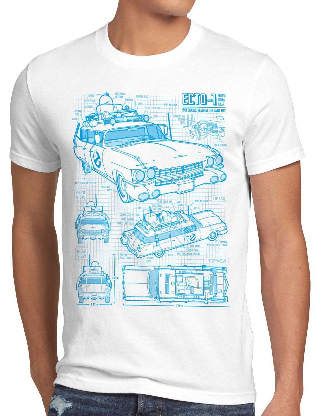 style3 Print-Shirt Herren T-Shirt ECTO-1 Blaupause busters geisterjäger ghost slimer geist auto car weiß