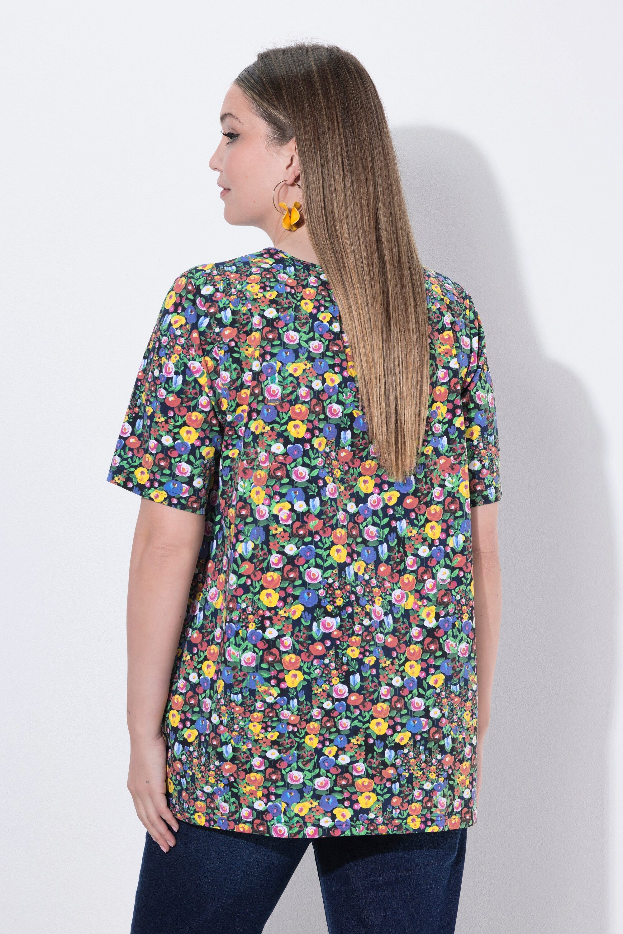 Ulla Popken T-Shirt T-Shirt Blüten A-Linie V-Ausschnitt Halbarm