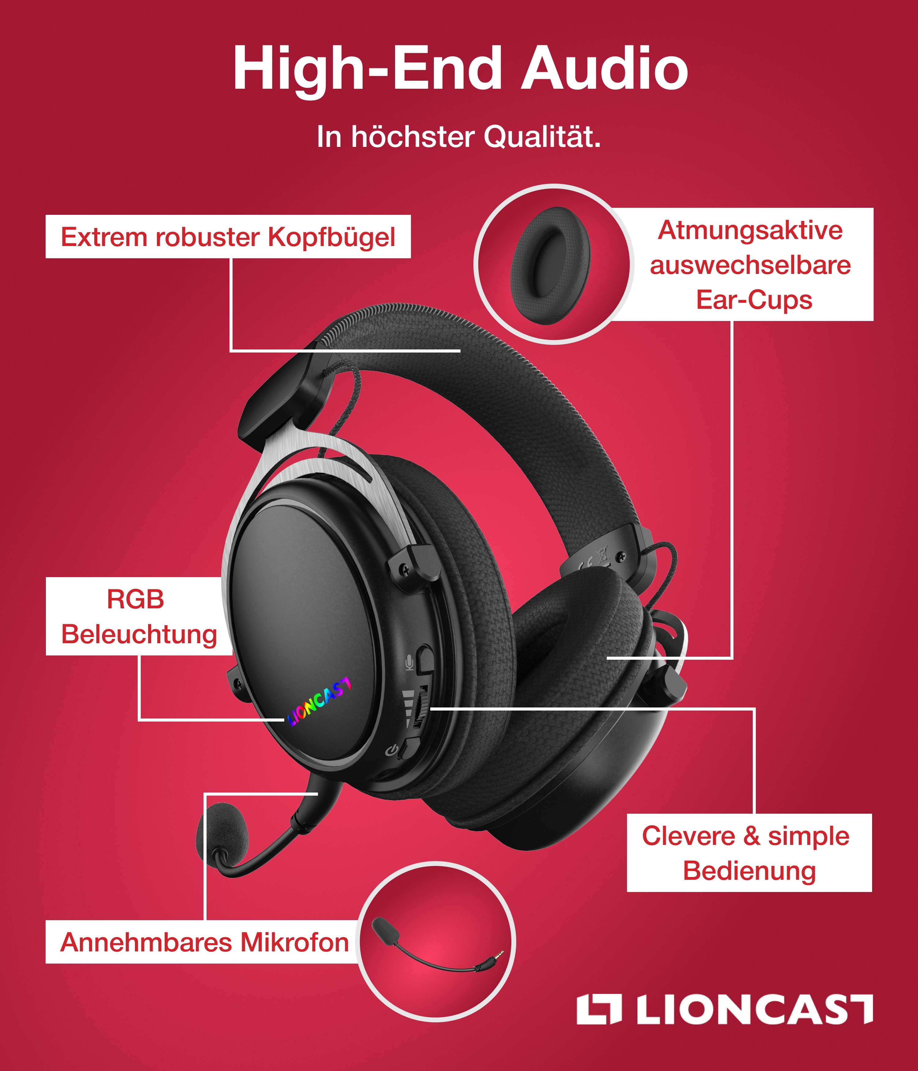 Lioncast LX80 WIRELESS GAMING HEADSET Gaming-Headset (Bluetooth, USB Dongle, USB Kabel, Kabellos)