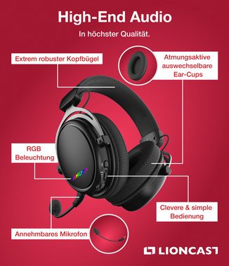 Lioncast LX80 WIRELESS GAMING HEADSET Gaming-Headset (Kabellos, Bluetooth, 80 Stunden Akku, Soundqualität)