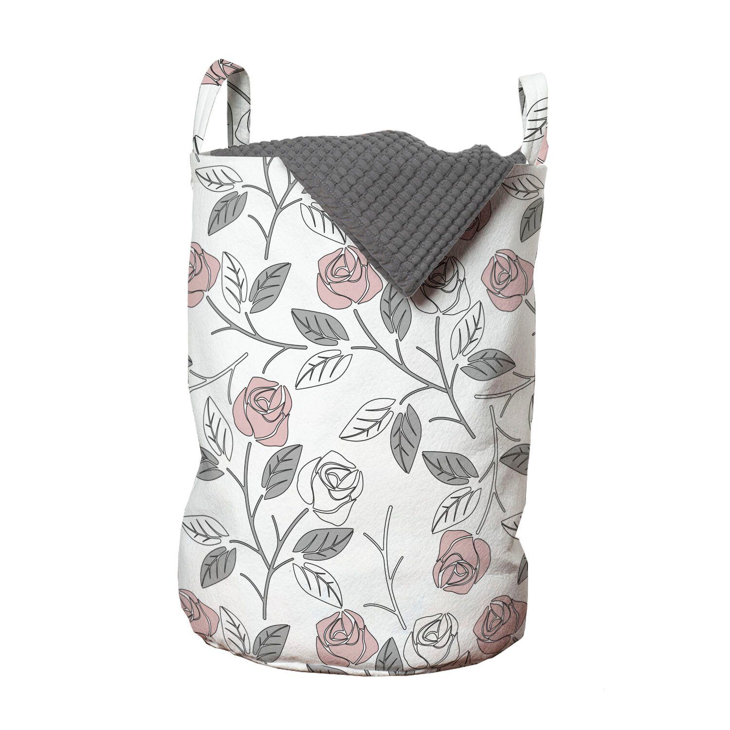 Abakuhaus Wäschesäckchen Wäschekorb mit Griffen Kordelzugverschluss für Waschsalons, Blumen Weiche graue Blätter Rosen-Kunst