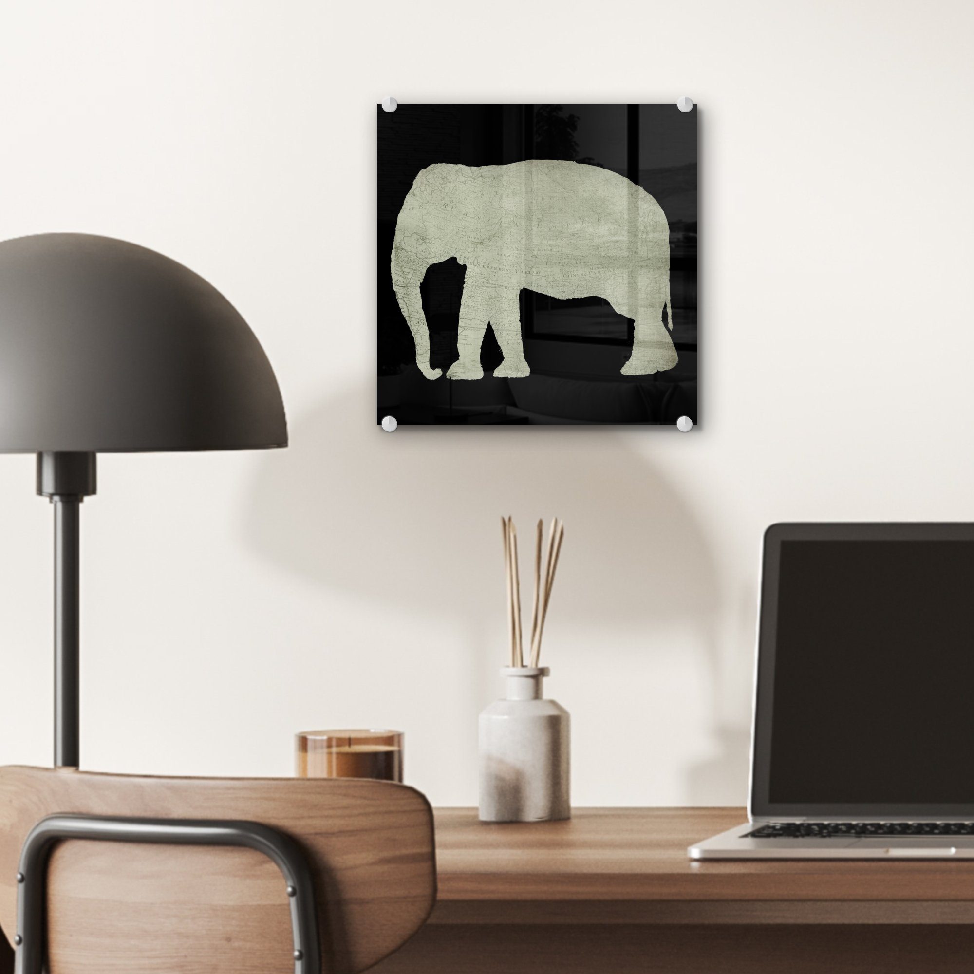 Glas St), Wandbild MuchoWow Glasbilder Elefant - Glas - - Bilder Vintage, Wanddekoration (1 auf Karte - - Foto Acrylglasbild auf