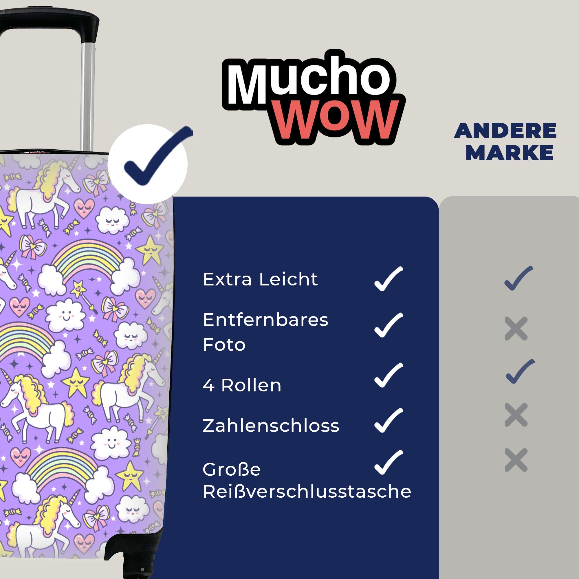 MuchoWow - Reisekoffer - Kind, 4 Trolley, Regenbogen Einhorn Handgepäck - Reisetasche Handgepäckkoffer Ferien, Muster Rollen, mit für rollen,