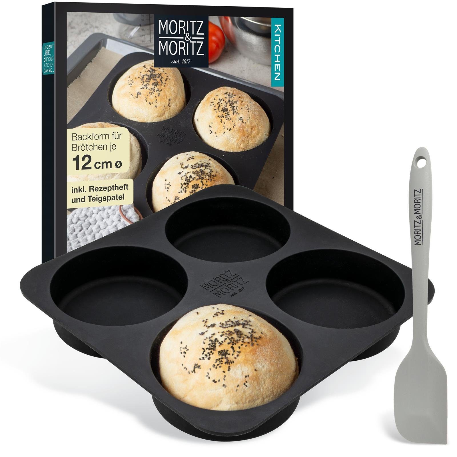 Moritz & Moritz Silikonform Moritz & Moritz Backform Brot Burger inklusieve Beckheft und Teigschab, (Set 3-tlg), Für Brot, Burger Buns und XXL Muffins | Backformen