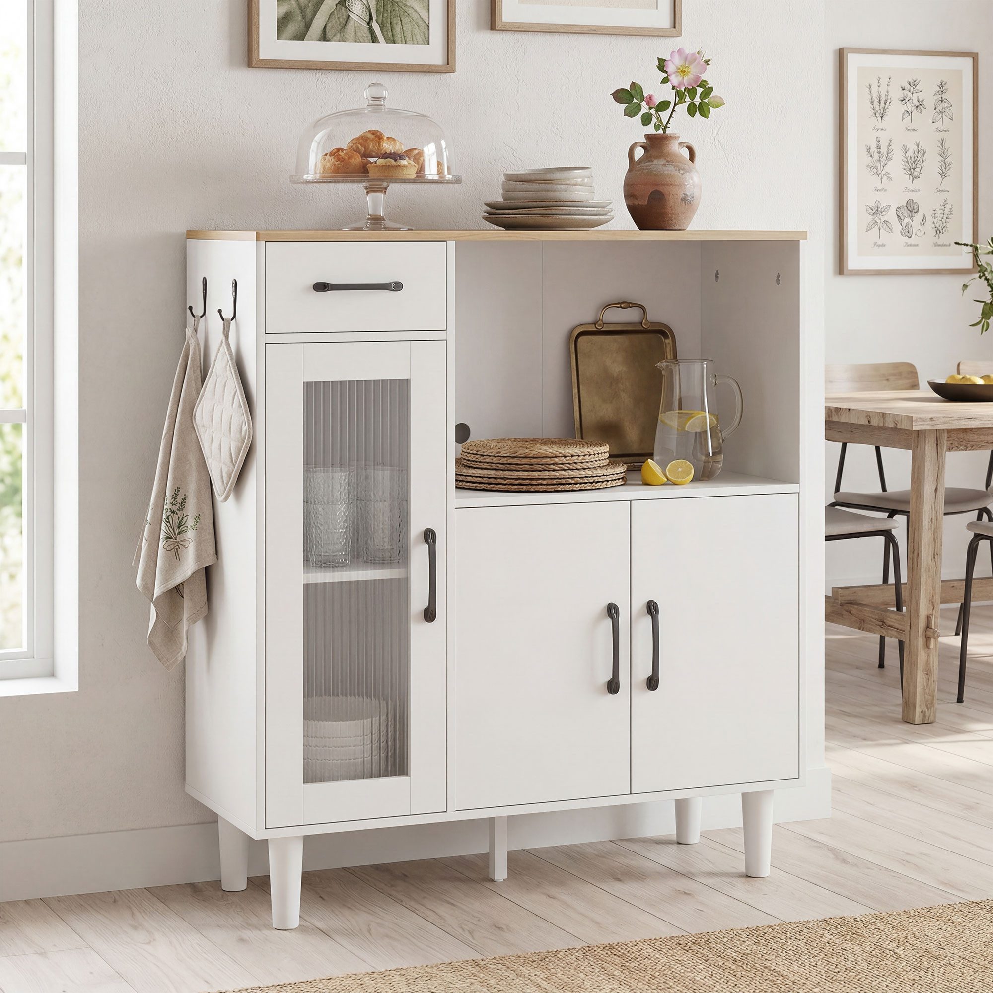 HOMCOM Sideboard Aufbewahrungsschrank mit Schublade, 2 Schränke, offenem Fach (Küchenschrank, 1 St., Aufbewahrungsschrank), für Wohnzimmer Weiß+Eiche 80 x 34 x 91 cm