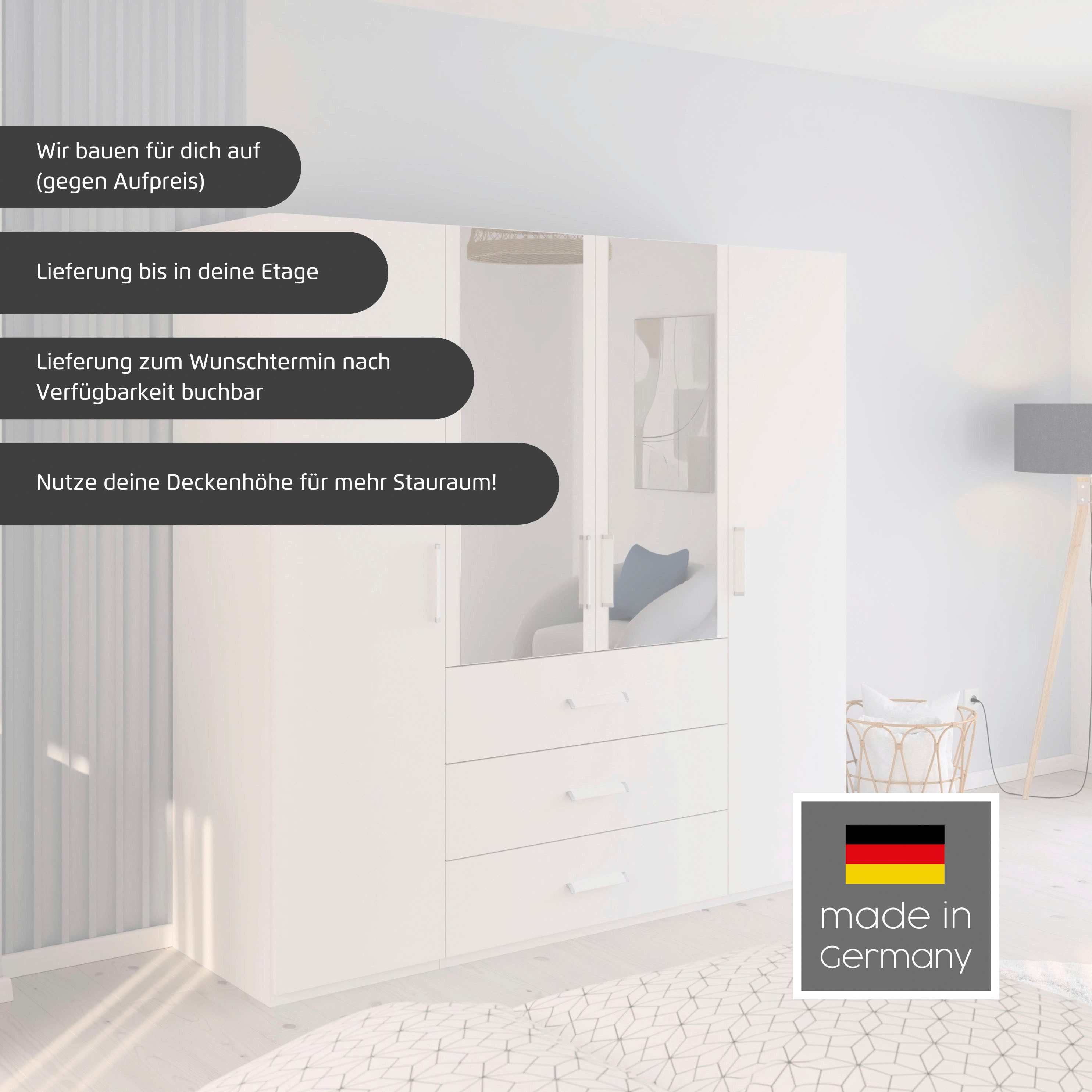 rauch Drehtürenschrank Kleiderschrank Schrank Garderobe Schlafzimmerschrank EVELYN (in 2 Höhen 197 oder 210 cm erhältlich, inkl. SOFT-CLOSE-FUNKTION) in elegantem Stil, viel Stauraum 3 Breiten und 2 Höhen MADE IN GERMANY