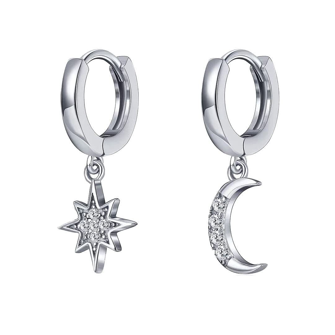 POCHUMIDUU Ohrring-Set Personalisierte Ohrringe Asymmetrische Kristall Stern Mond Ohrringe, Männer perforierte kleine Reifen Ohrringe Silver