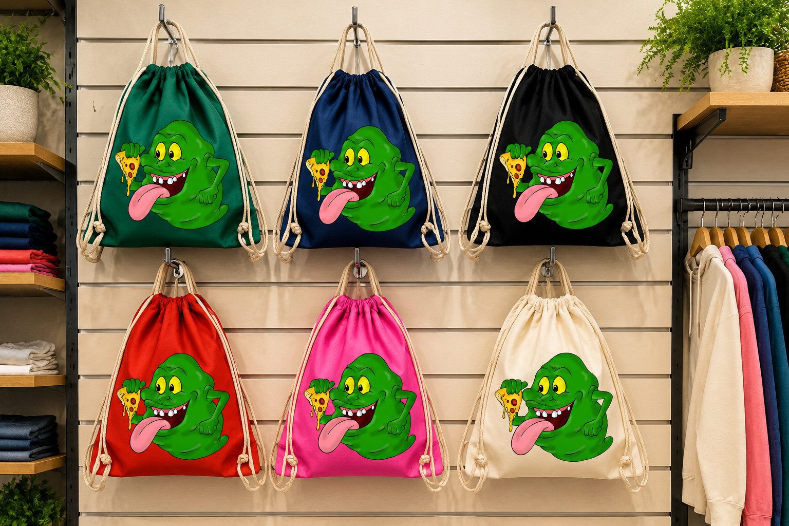 Blondie & Brownie Turnbeutel Slimer Turnbeutel Print Kultgeist Retro Motiv Freizeit Fun (Einzelartikel, Set-Info: 1-teilig), Slimer_Beutel Kultgeist Retro Turnbeutel