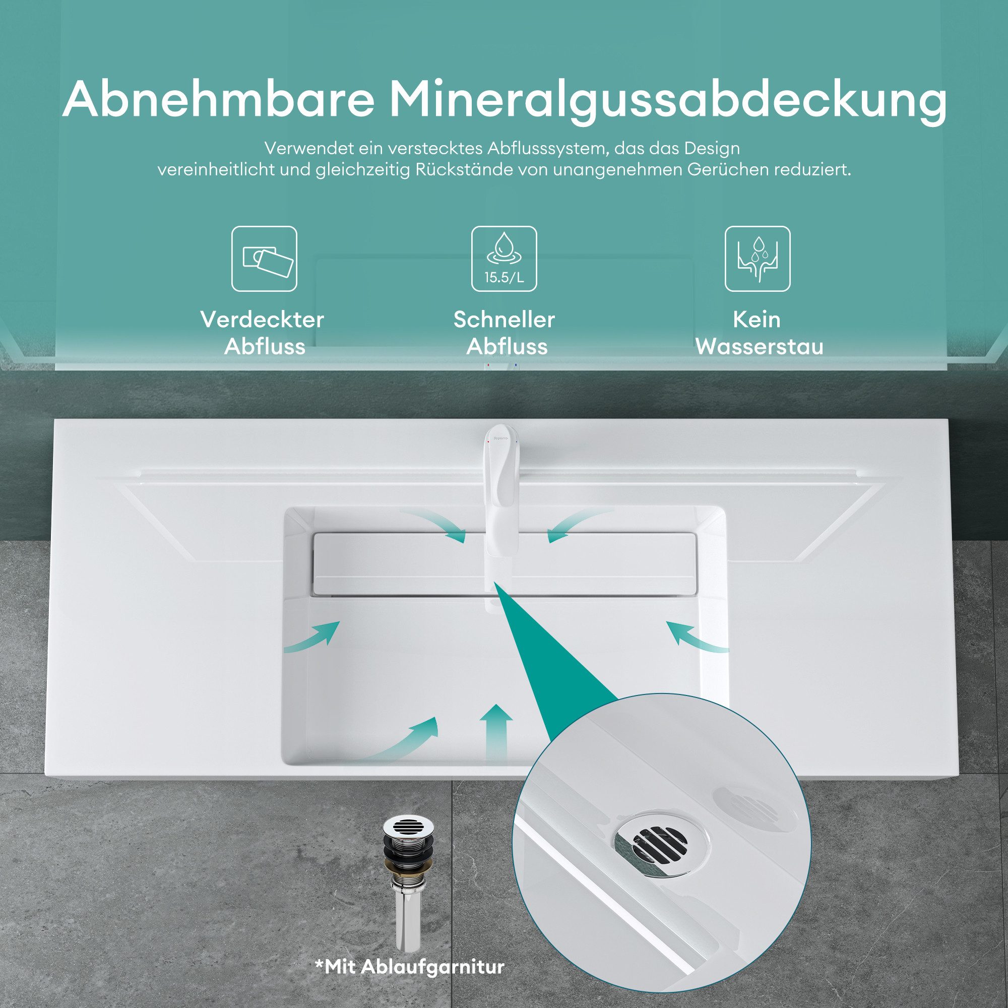 Mai & Mai Aufsatzwaschbecken Waschschale Waschbecken aus Mineralguss rechteckig DIN-Norm Col12, Becken links, rechts, mittig oder als Doppelbecken wählbar – Bild 4 von 5