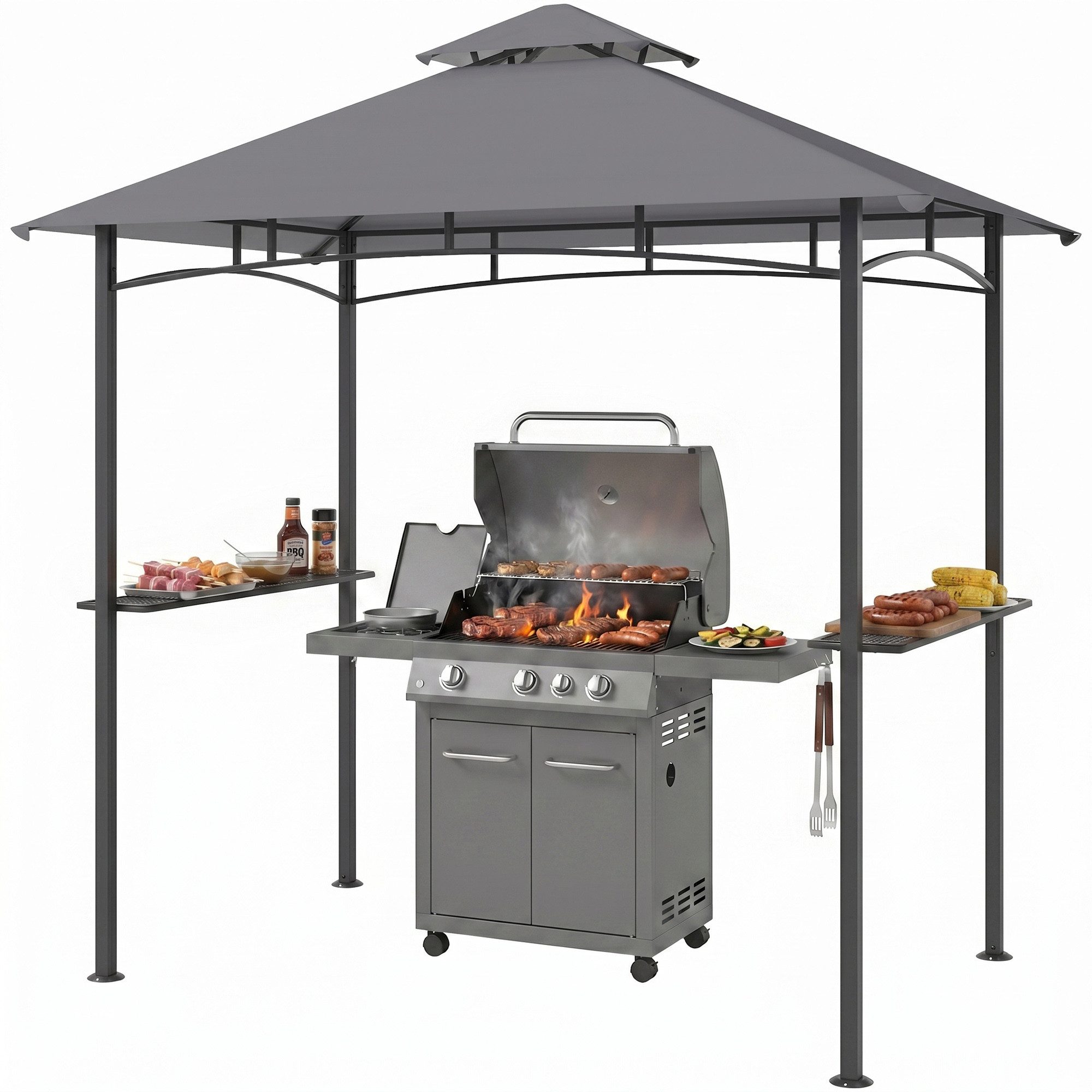 Outsunny Grillpavillon Balkonpavillon mit Ablagen Flammhemmendes Doppeldach, mit 4 Seitenteilen, (Gartenzelt, Grillpavillon), für Garten, Balkon, Grau