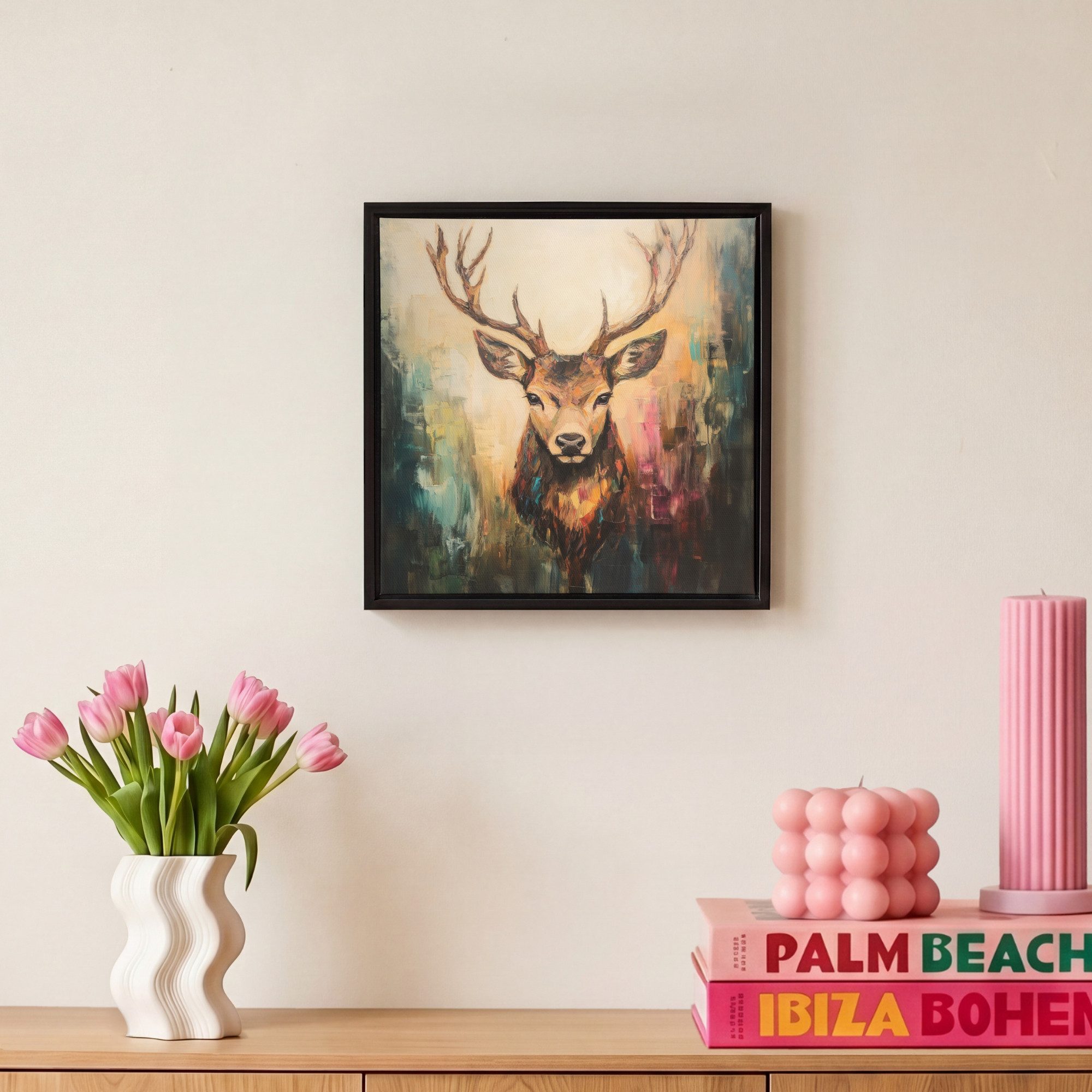 OneMillionCanvasses® Leinwandbild mit Rahmen - Hirsch - Gemalt - Geweih - Braun, Fotodruck (1 St), Leinwand Bilder Klein, Wand Dekoration Aesthetic 20x20cm – Bild 4 von 5