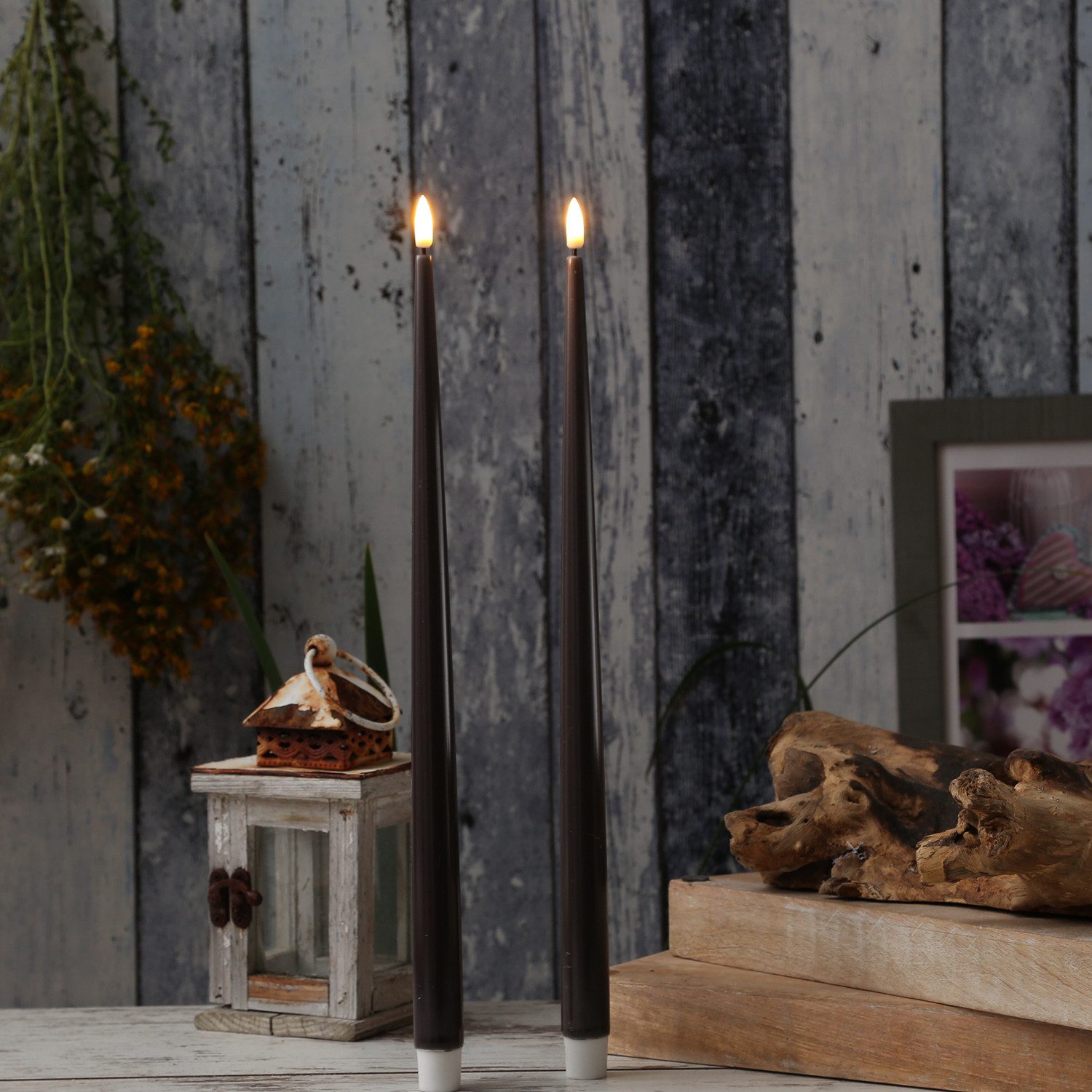 Deluxe Homeart LED-Kerze LED Stabkerzen ELLA Deluxe Lack Tafelkerze flackernd H: 38cm mokka 2St, LED Classic, warmweiß (2100K bis 3000K)