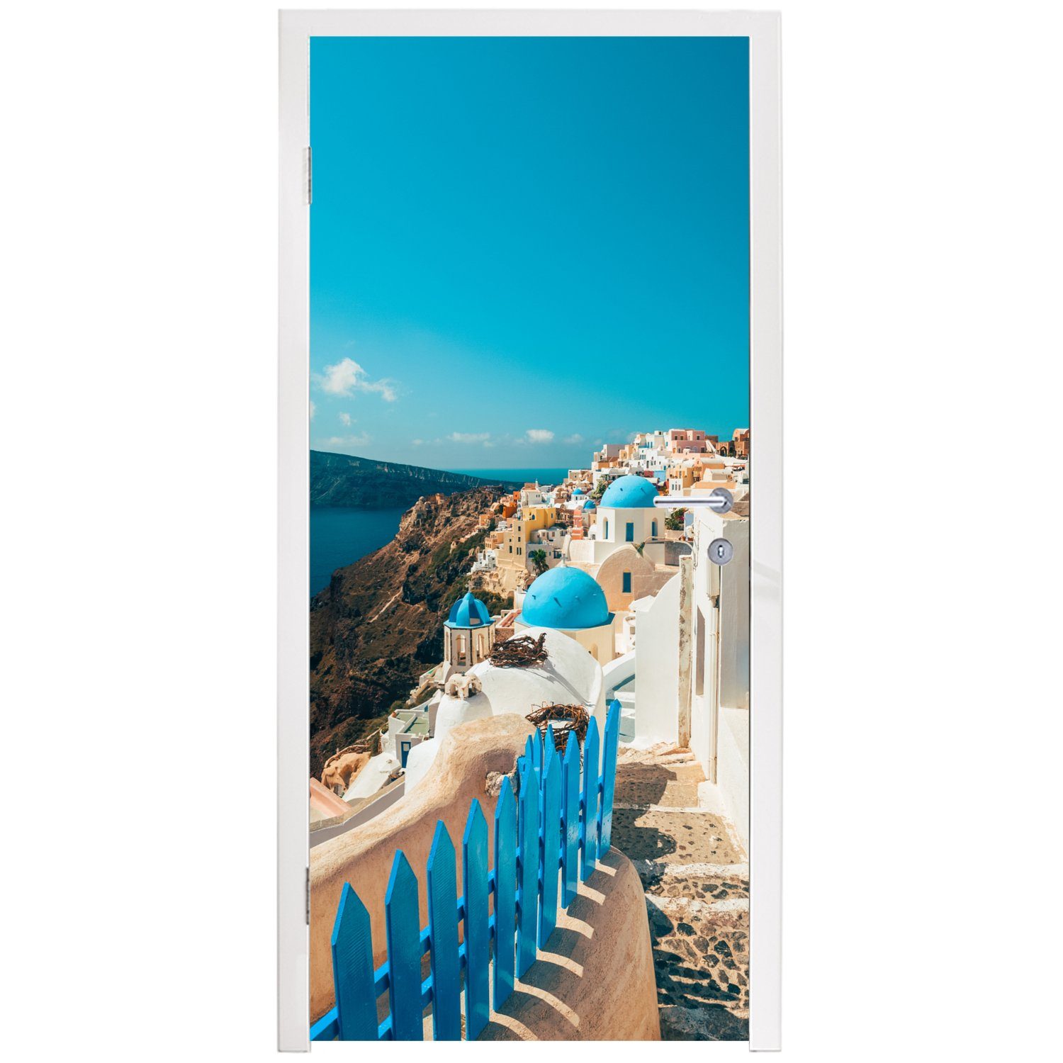 75x205 Bürgersteig (1 Fototapete cm für St), Santorini Türtapete in bedruckt, Türaufkleber, Matt, MuchoWow Tür, Blauer Griechenland,