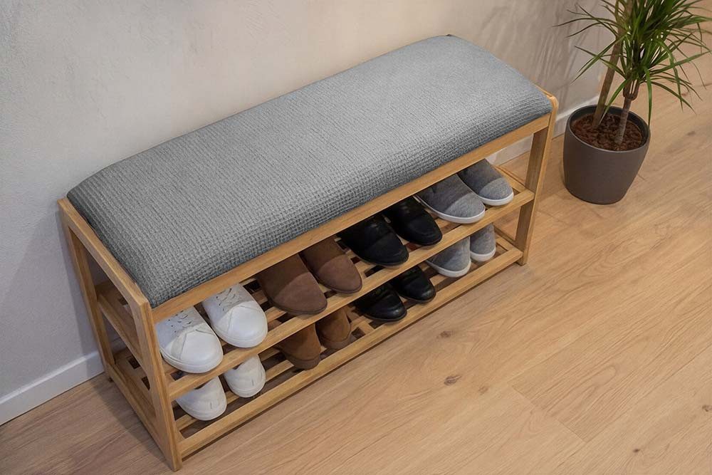 riess-ambiente Schuhbank ZEN-BO 80cm natur/grau - Bambus, FSC, Regal, Sitzbank, viel Stauraum (Einzelartikel, 1-St), Gepolsterte Garderobenbank aus Massivholz - ideal für Eingangsbereich