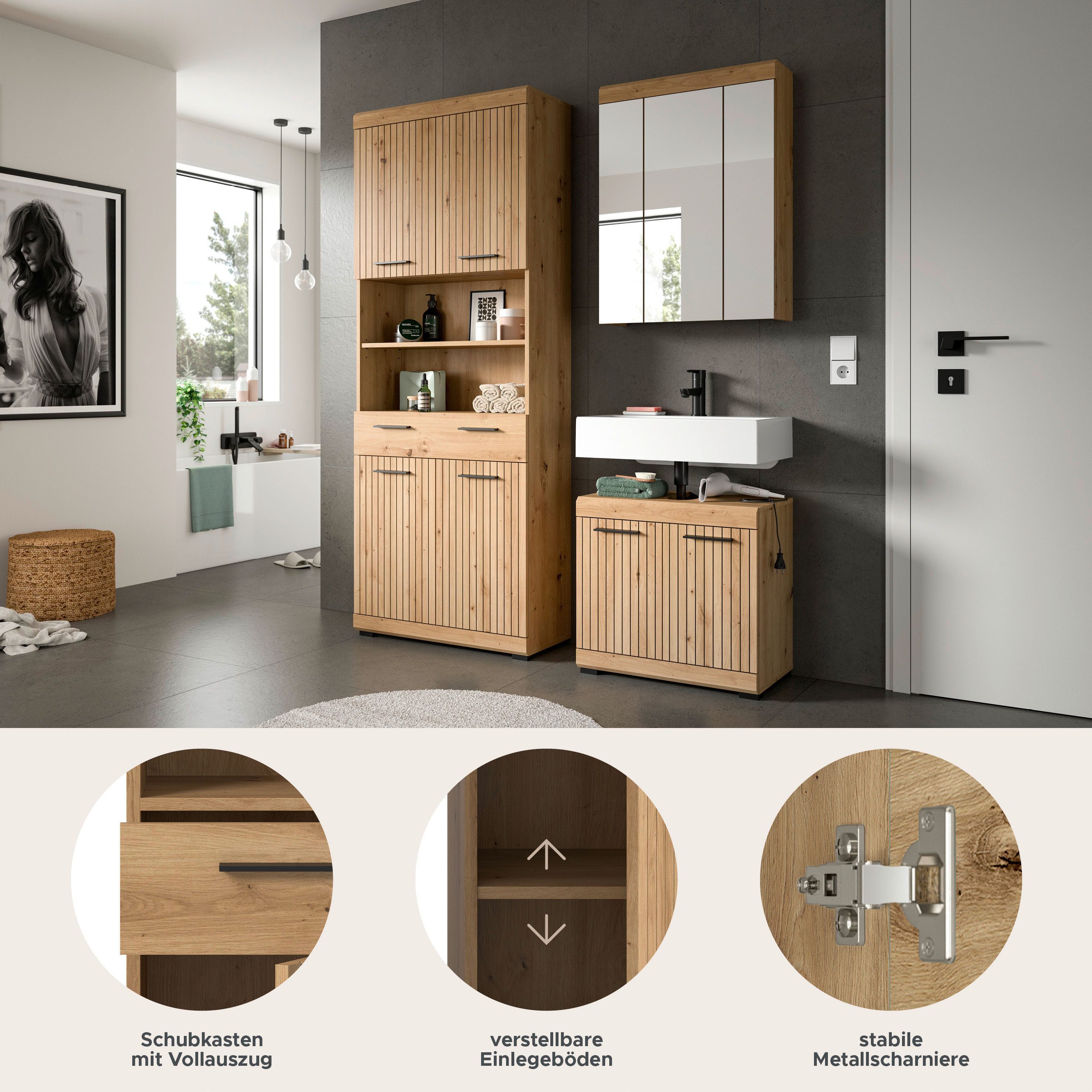 welltime Badmöbel-Set SIENA, TOPSELLER!, Breite 149cm, 3-teiliges Set, (Set, 3-St., bestehend aus: Hochschrank, Waschbeckenunterschrank & Spiegelschrank), Kombination, Badkombination, Bad-Set, Badezimmerschrank, Bad, Schrank