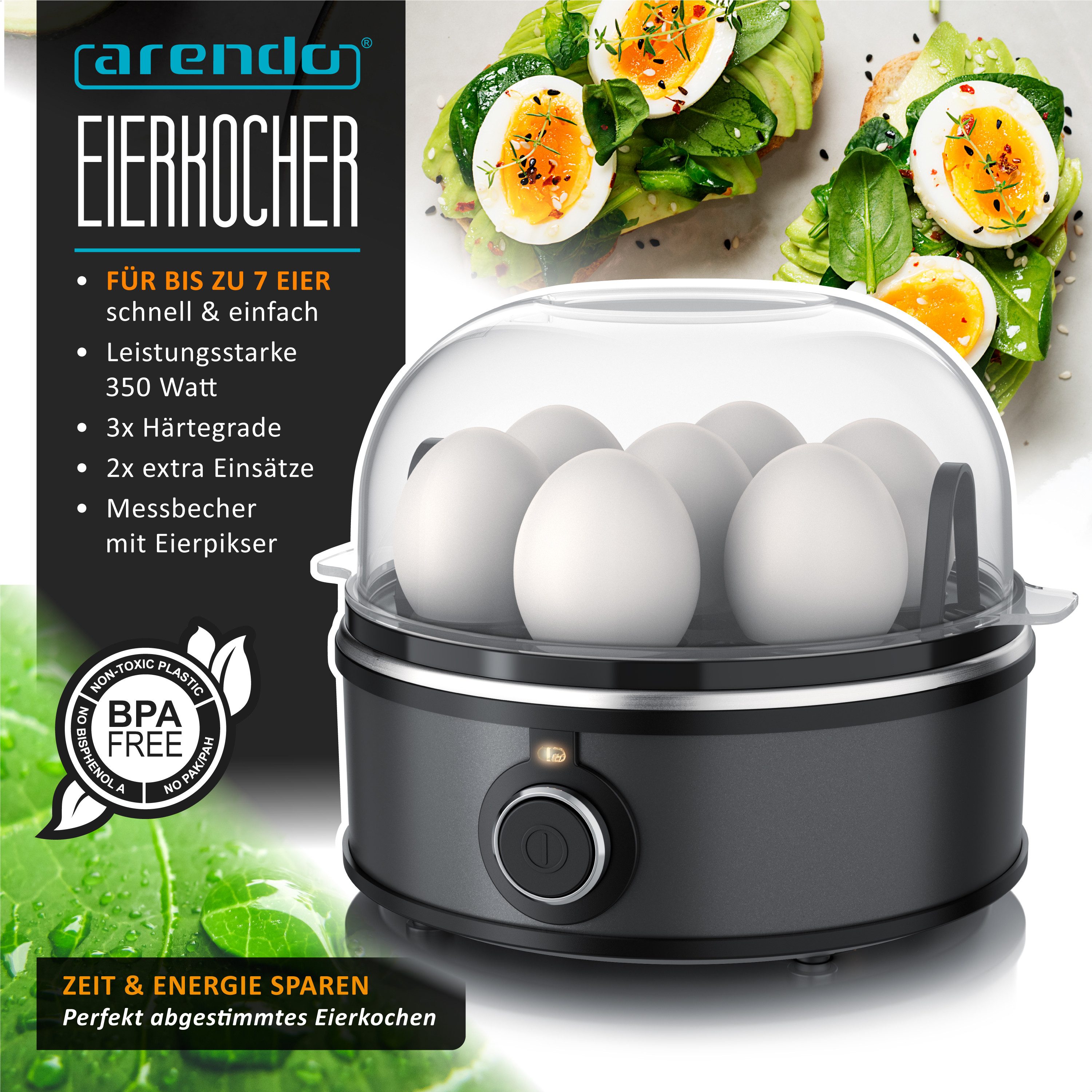 Arendo Eierkocher für 1–7 Eier, Edelstahl, 3 Härtegrade, mit Warmhaltefunktion, 7-Fach, Anzahl Eier: 7 St., 350 W, mit Einsatz für Eier, pochierte Eier & Omelette, Signalton, Egg Cooker